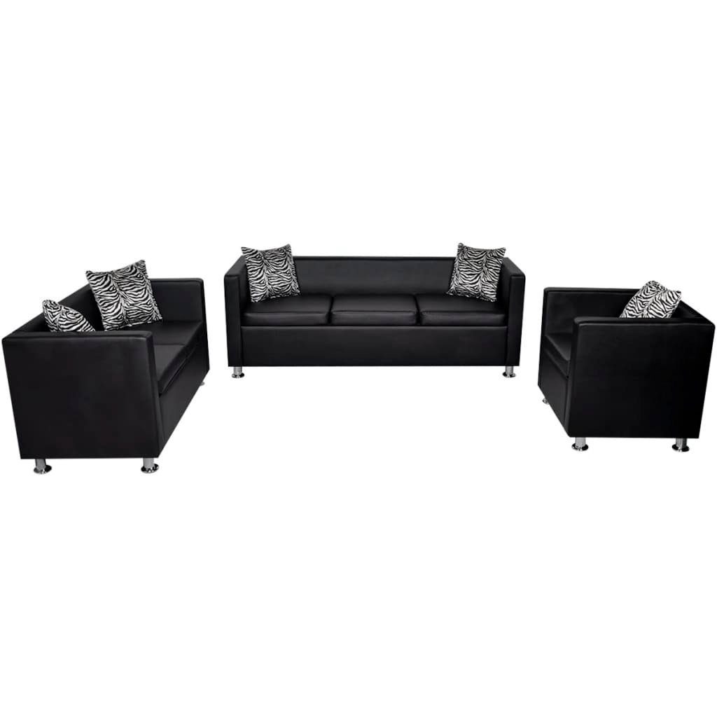 vidaXL 3-Sitzer Sofa-Set Kunstleder 3-Sitzer + 2-Sitzer + Sessel Schwarz
