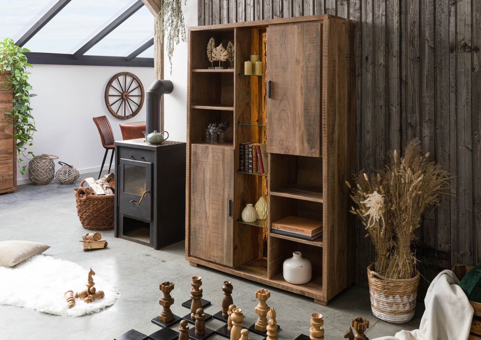 Massivmoebel24 Dreh-/Schwebetürenschrank BARK (Schrank Akazie 118x40x180 natur lackiert BARK #101) Schrank Akazie 118x40x180 natur lackiert BARK #101