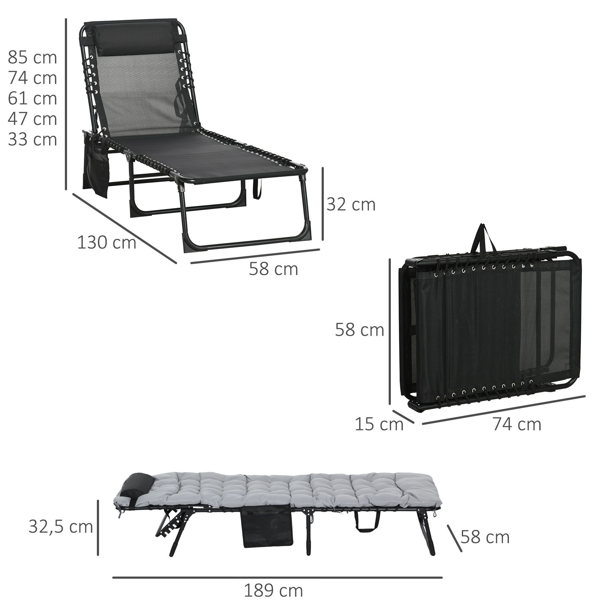 Outsunny Feldbett mit Tasche, Verstellbares Klappbett mit Kopfkissen für Garten, Balkon (Campingbett, 1-St., Feldbett) Hellgrau, Stahl, Polyester, 58 x 189 x 32,5cm