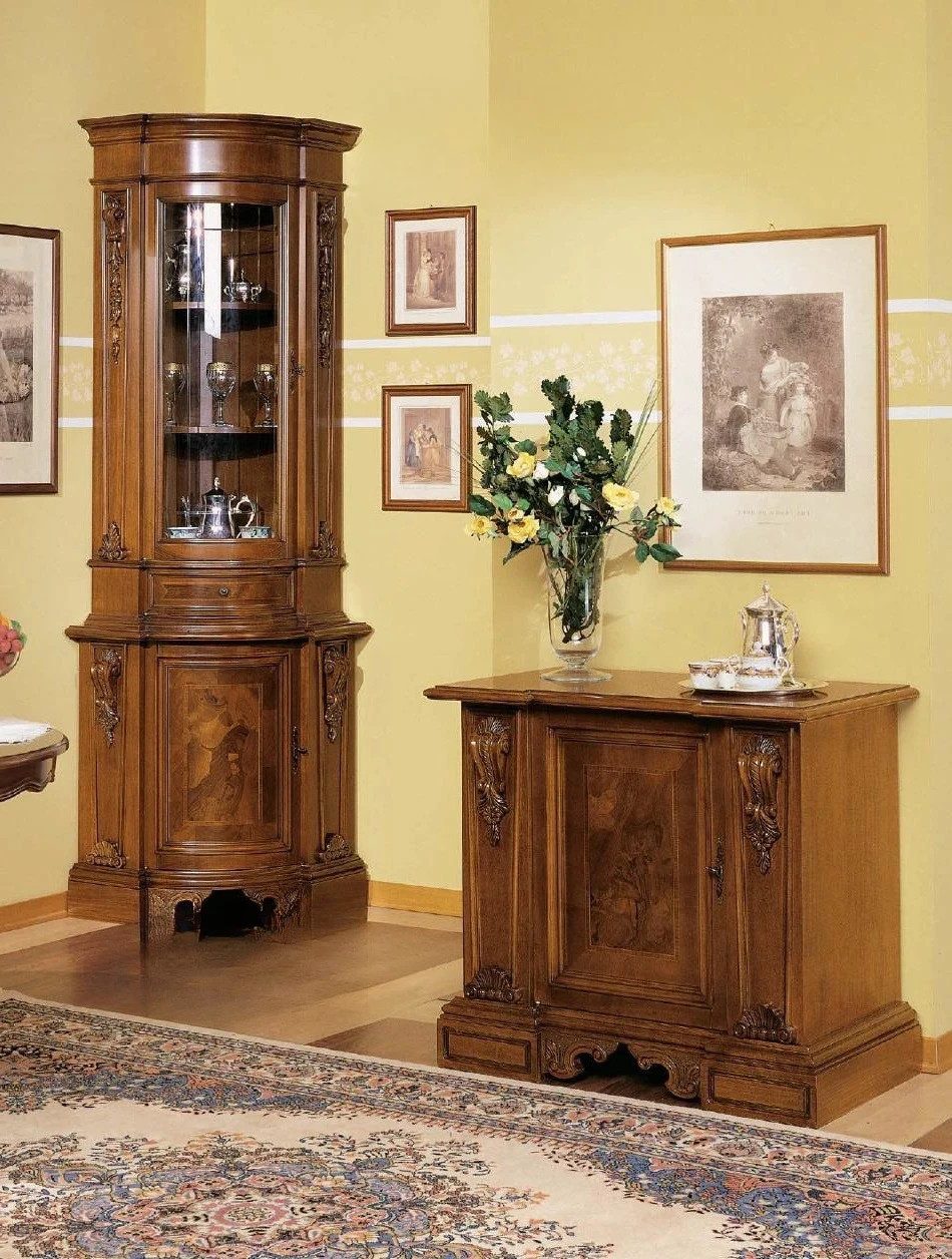 Xlmoebel Vitrine Eckschrank aus Holz mit Glasfront im modernen italienischen Design (2-St., 2tlg Wohnzimmer Set(Vitrine+Kommode) Hergestellt in Europa