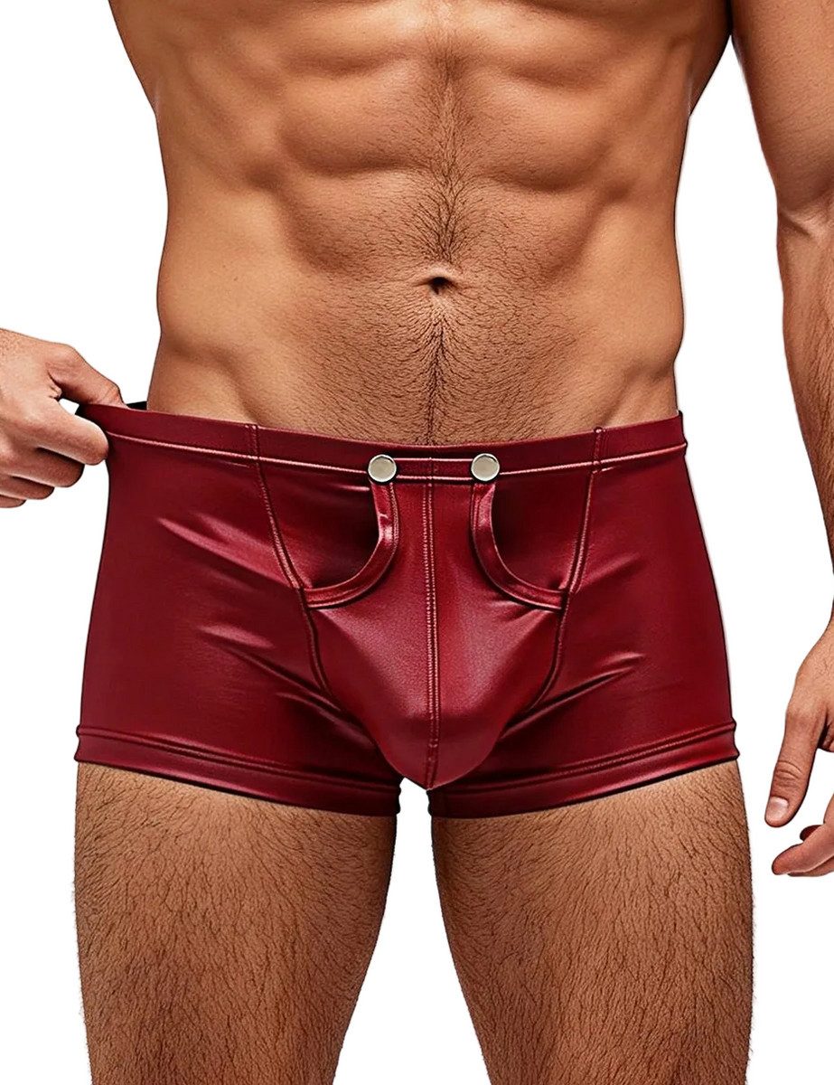 Lau-Fashion Boxershorts Wetlook Boxer in Bordeaux mit Druckknopf-Details und Kunstleder-Optik Offen