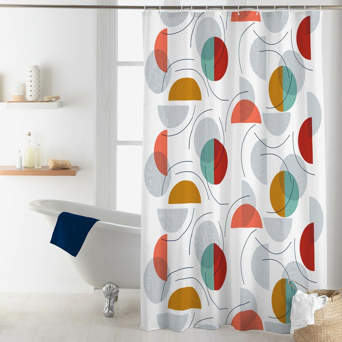 Sanixa Duschvorhang weiß grau braun Textil 180x200 cm Retro Kreise bunt weiß waschbar, bunt waschbar wasserabweisend Vorhang Dusche
