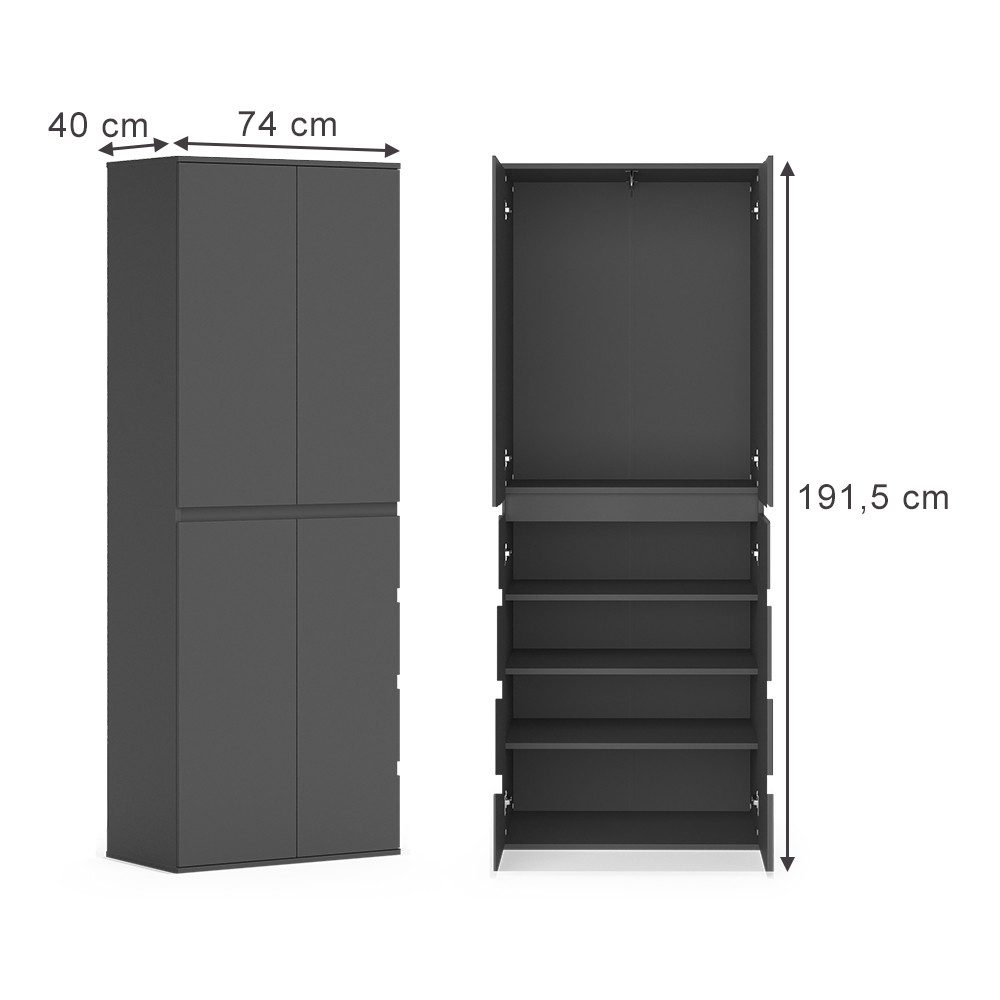 Vicco Kleiderschrank Claus, Anthrazit, 74 x 191.5 cm mit 4 Türen günstig online kaufen