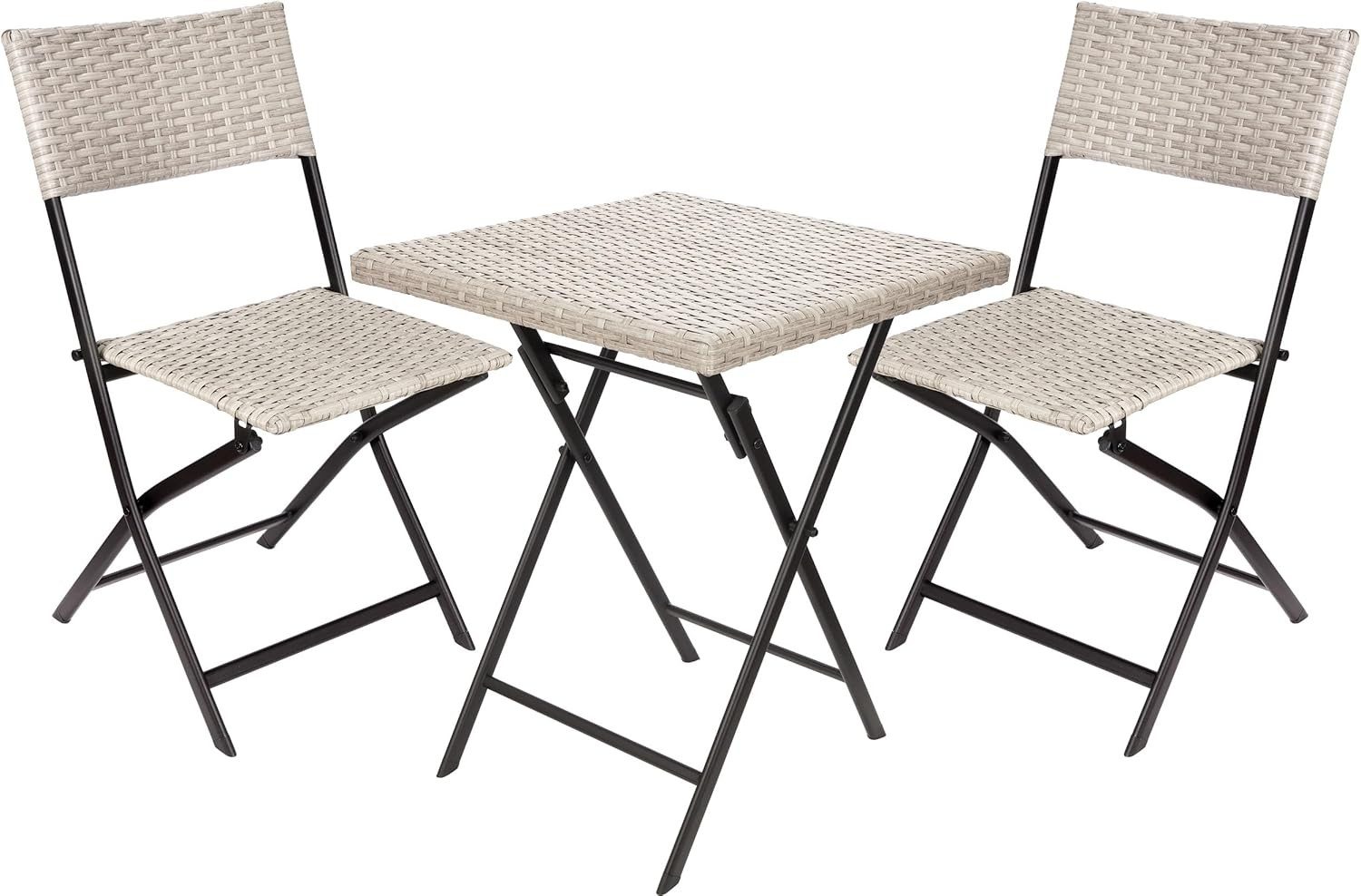 BRUBAKER Balkonset Lugano mit Tisch und Stühlen - Wetterfest klappbar und platzsparend, (Grau/Beige, 1-tlg., Bistroset mit Klappstühlen), Polyrattan Balkonmöbel Set - Sitzgruppe für Balkon Terrasse