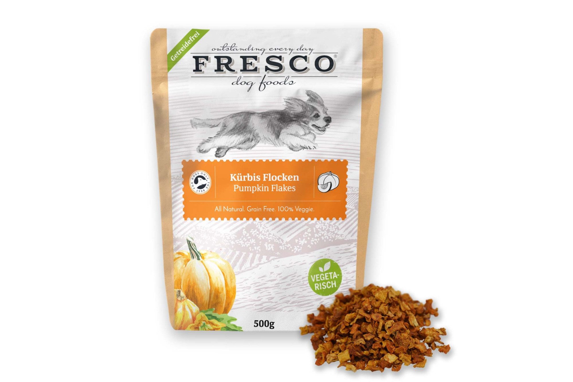 Fresco Dog Kürbisflocken für Hunde 500g, Futtertopping für Barf Hundefutter, BARF für: Hunde, Mit Kalium, Calcium & Eisen, Barf Zusatz Junior, Adult & Senior