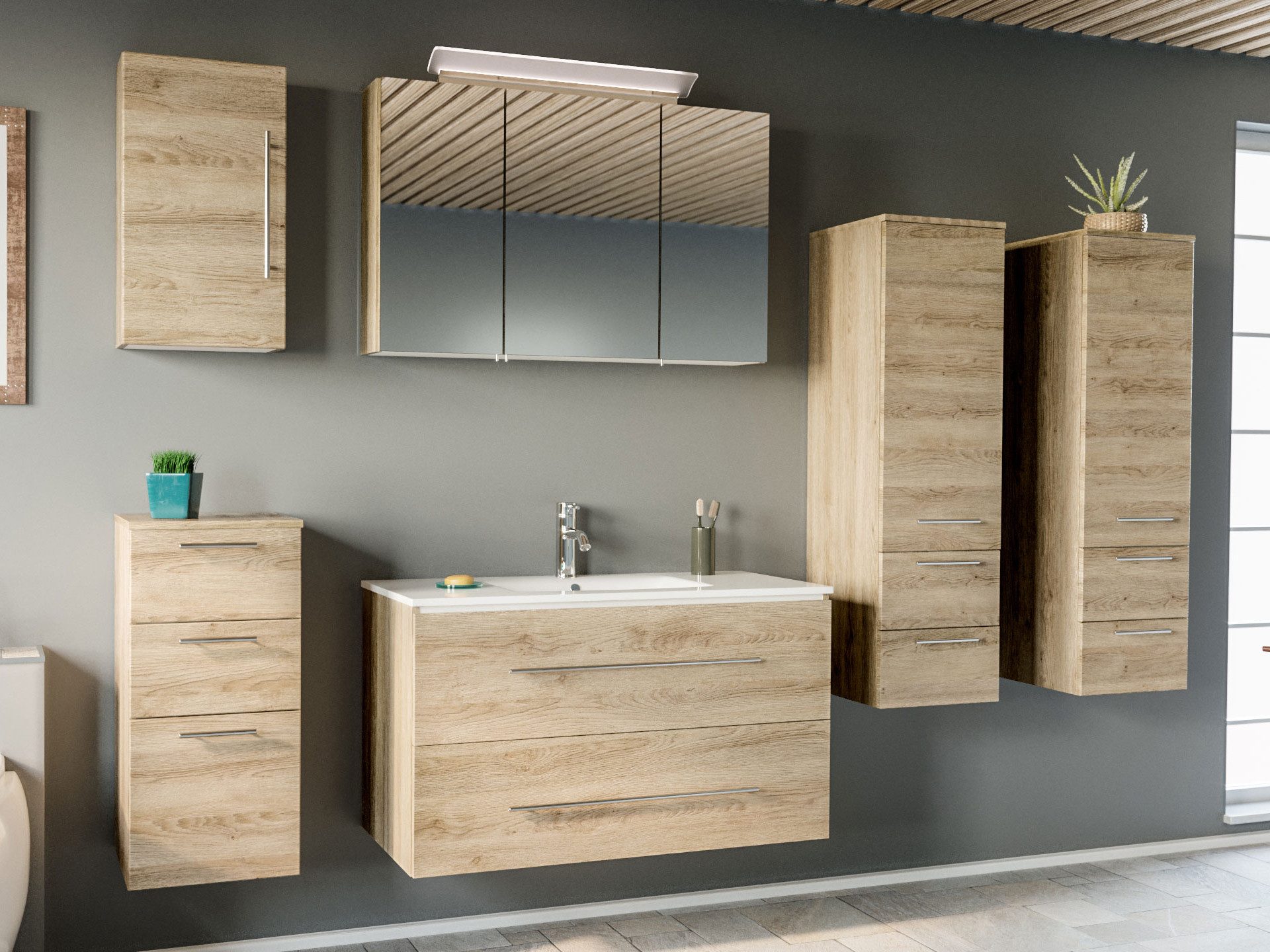 Magnolia Home Badmöbel-Set Badmöbel-Set OPTIMO 100 cm (6-teilig) SoftClose eiche hell