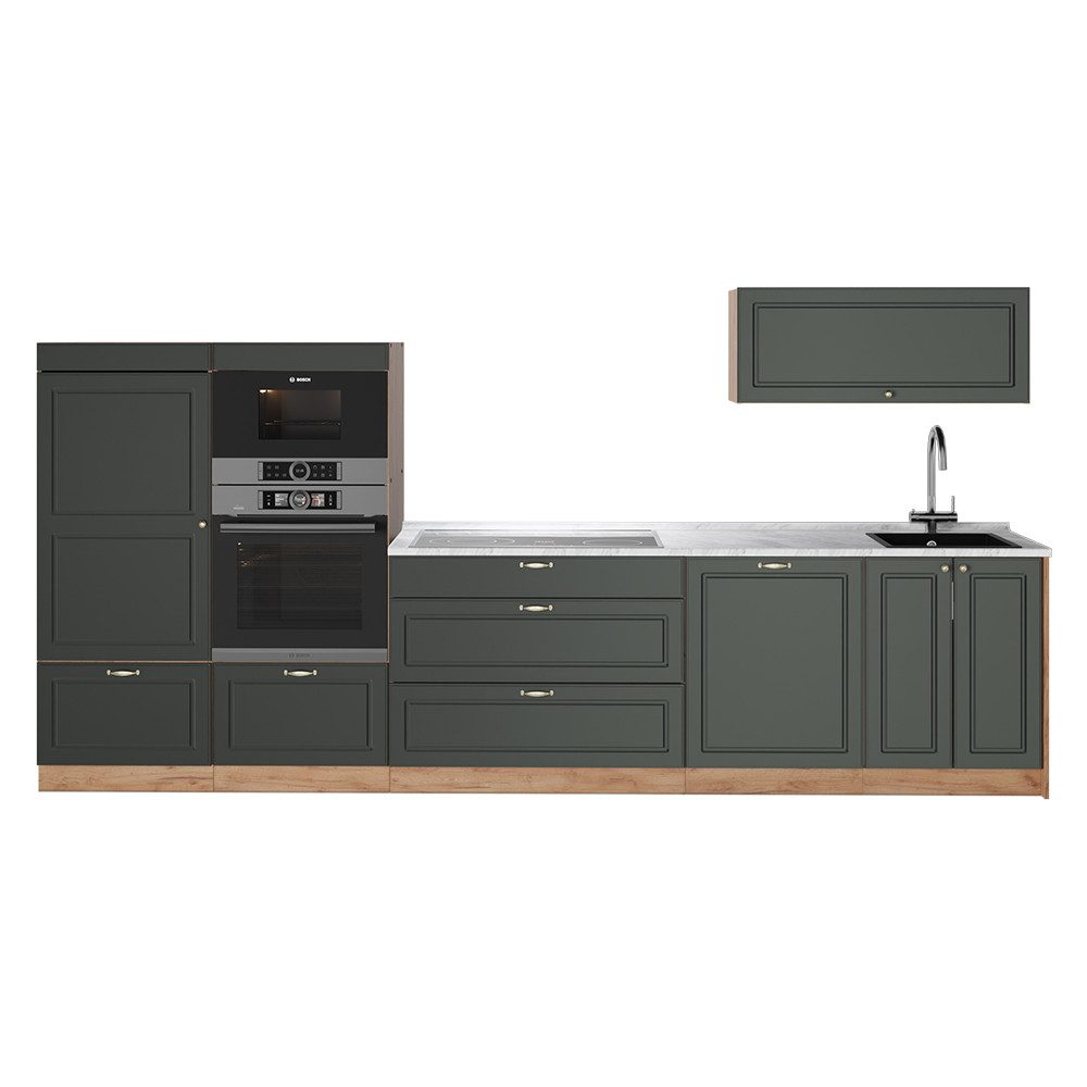 Vicco Küchenzeile Fame-Line, Grün-Gold Landhaus/Goldkraft Eiche, 340 cm, AP Marmor