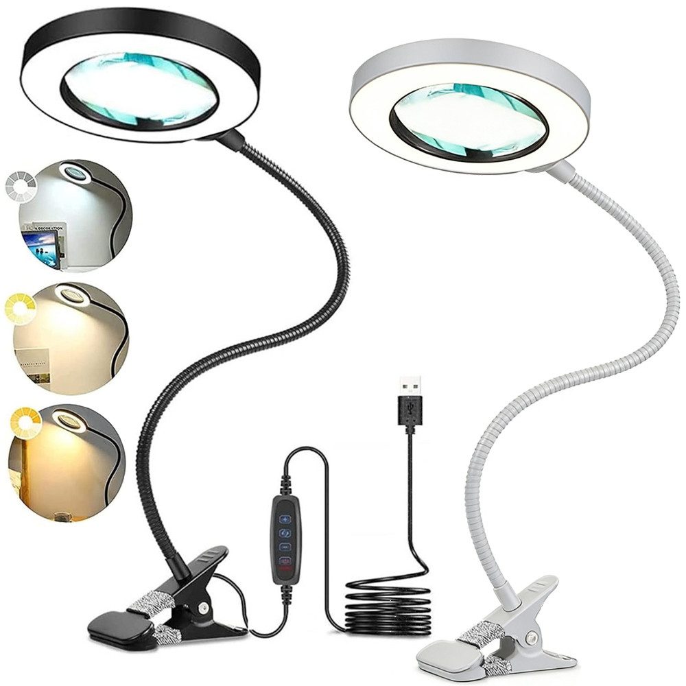PRIISF LED Tischleuchte Lupenlampe Lupe mit Licht Ständer Lupenleuchte Schreibtischlampe USB, LED fest integriert, Warmes Licht, Warmweißes Licht, Weißes Licht, Lupenbrille 5X, 9W 48 LED mit Klemme Flexibilität Mobilität