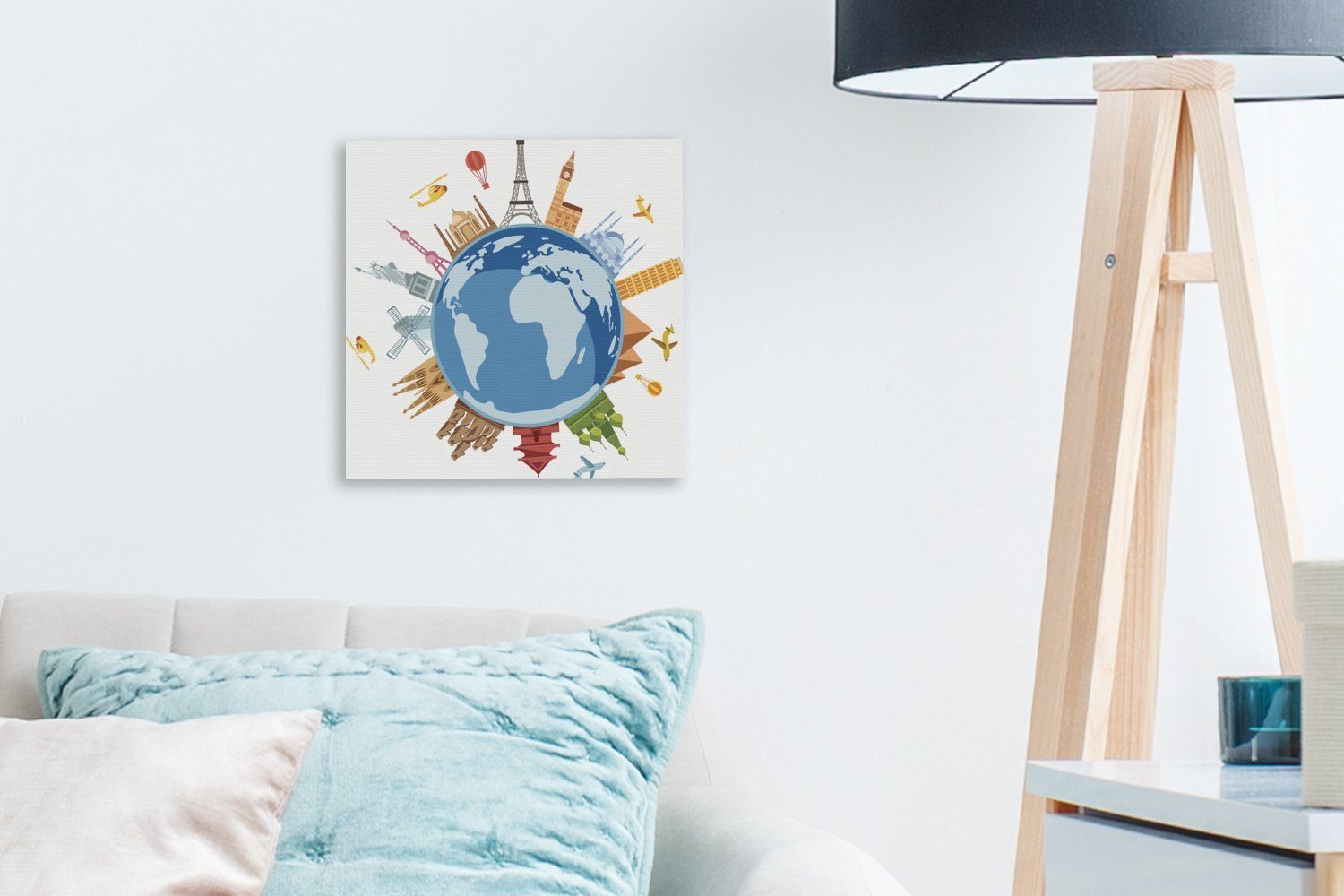 Wohnzimmer Planeten, St), auf für Bunte einem OneMillionCanvasses® Schlafzimmer Leinwandbild Illustration von (1 Leinwand Bilder Landmarken