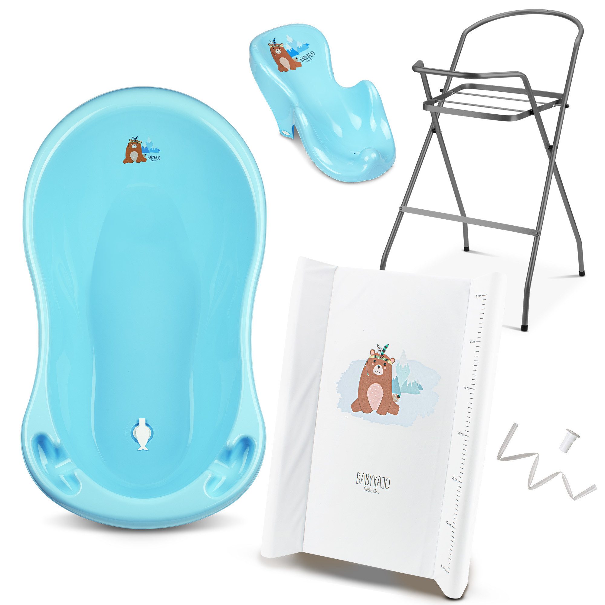 Babykajo Babybadewanne mit Ständer, (Set, 5-tlg), Babywanne mit Gestell, Sitz, Schlauch und Wickelauflage - TÜV geprüft