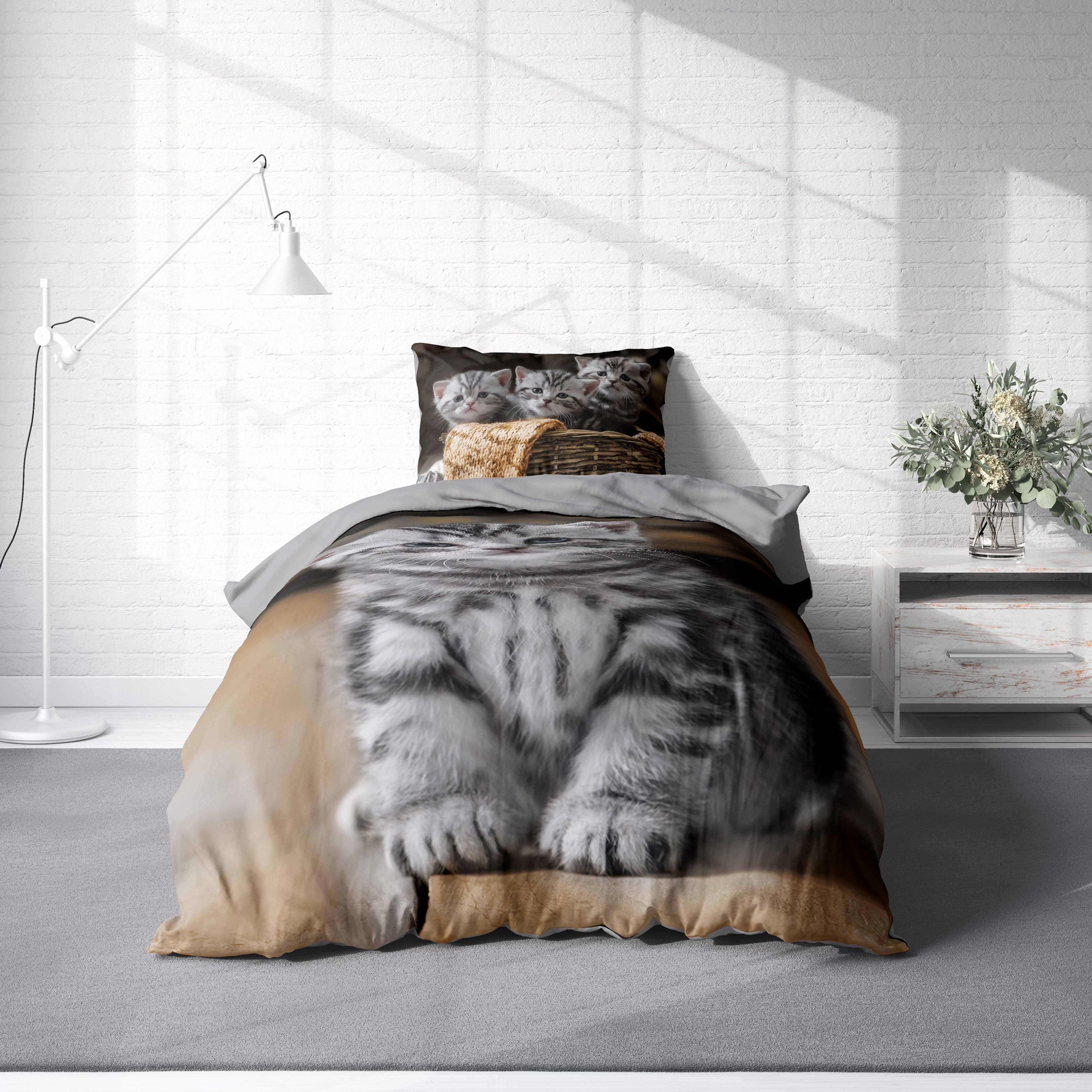 One Home Bettwäsche Fotodruck, Mikrofaser, 2 teilig, süße Katzen Welpen Baby Kitty, Knitterfrei Weich für Sommer und Winter