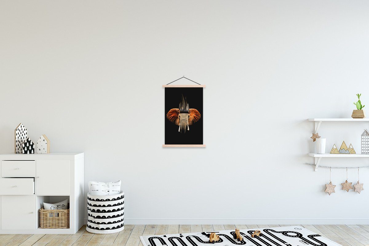 MuchoWow Poster Elefant - Schwarz - Indischer Kopfschmuck, (1 St), Posterleiste, Textilposter für Wohnzimmer, Bilderleiste, Magnetisch