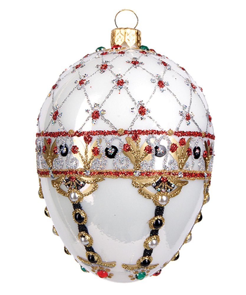 IMPULS Christbaumschmuck, Christbaumschmuck Glas Ei mit Renaissance Ornamenten 10cm weiß