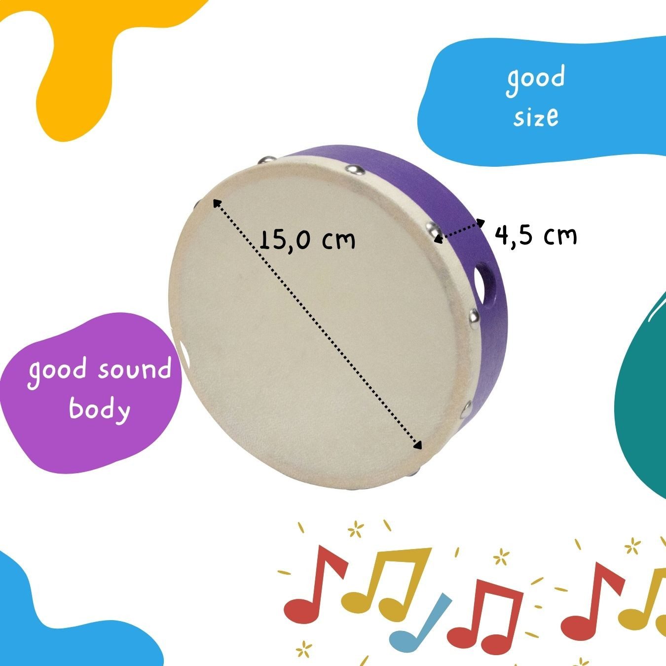 GICO Spielzeug-Musikinstrument Tamburin Handtrommel für Kinder D: 15 cm aus Holz - 3835