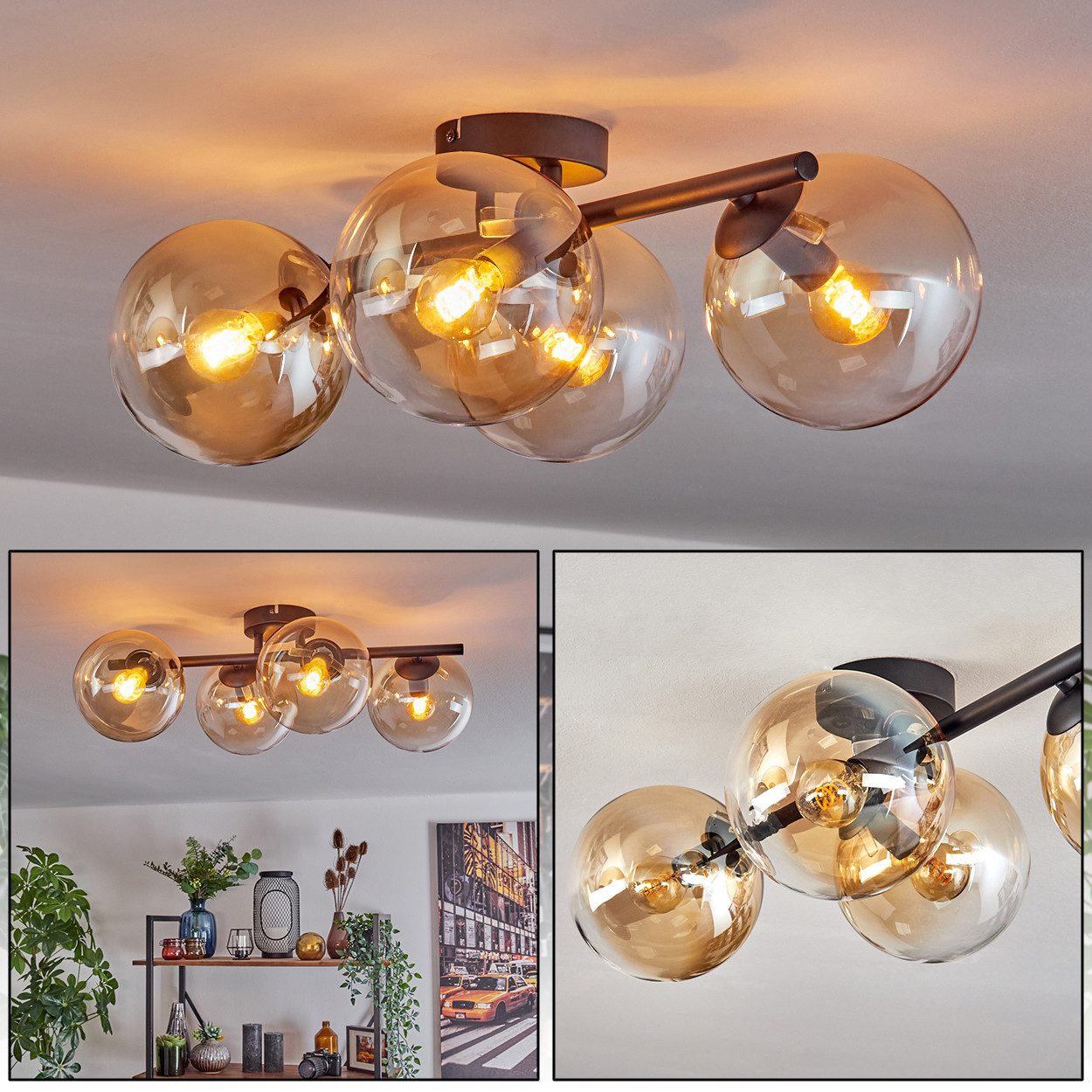 hofstein Deckenleuchte 4-flammige Deckenlampe aus Metall/Glas in Schwarz/Bernsteinfarben/Klar, ohne Leuchtmittel, Leuchte im Retro/Vintage-Design (Schirm Ø 15 cm), E14, Esszimmer, Flur