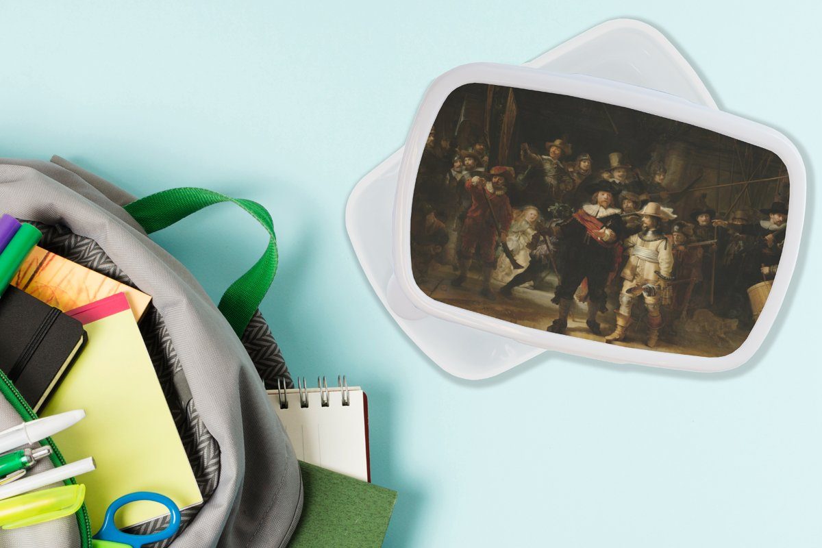 MuchoWow Lunchbox Die Nachtwache Kinder Kunststoff, Rembrandt, (2-tlg), Erwachsene, weiß Jungs Brotdose, Brotbox Meister für - - Alte Kunst und - und Mädchen für