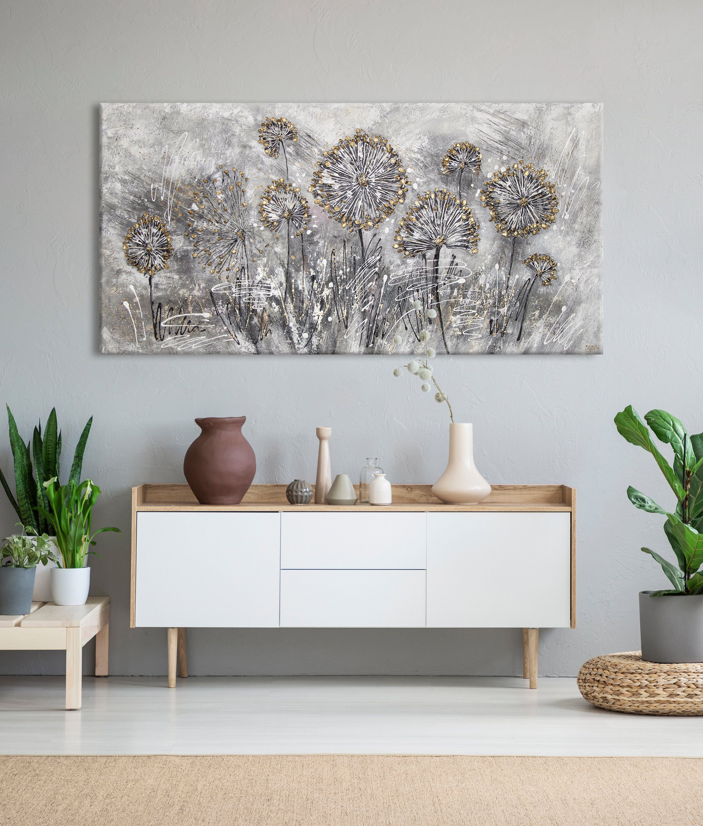 Gold Grau Gemälde Bild Frühlingsblumen, Löwenzahn Schwarz Blumen, Handgemalt Leinwand YS-Art Schattenfugenrahmen Blumen Ohne