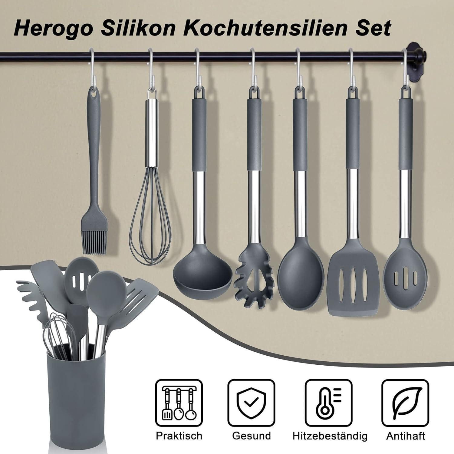 LuxusKollektion Kochbesteck-Set Küchenhelfer Silikon 22teilig Kochbesteck Antihaft Grau