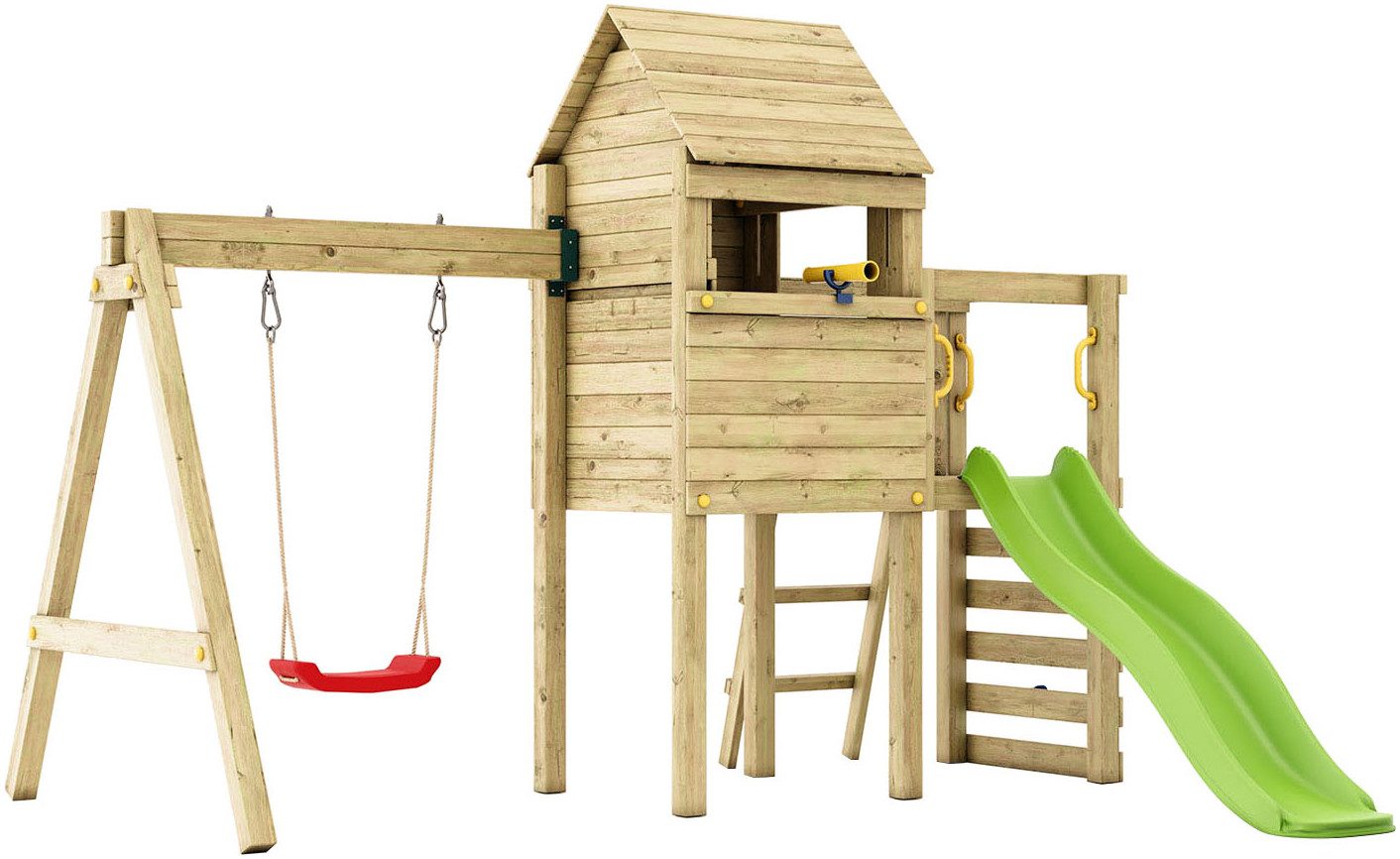 FUNGOO Spielturm LUOMI, mit Haus, Kletterwand, Rutsche und Schaukel fur Kinder