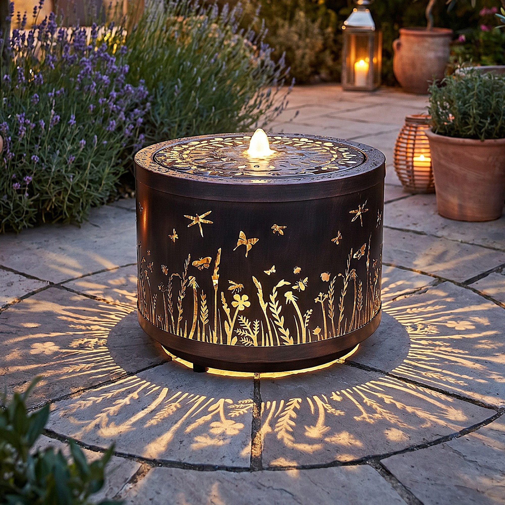 Arnusa Gartenbrunnen Metall Springbrunnen Lichtspiel rund Wasserspiel warmweiß, 45 cm Breite, Gartendekoration, tolles Lichtspiel