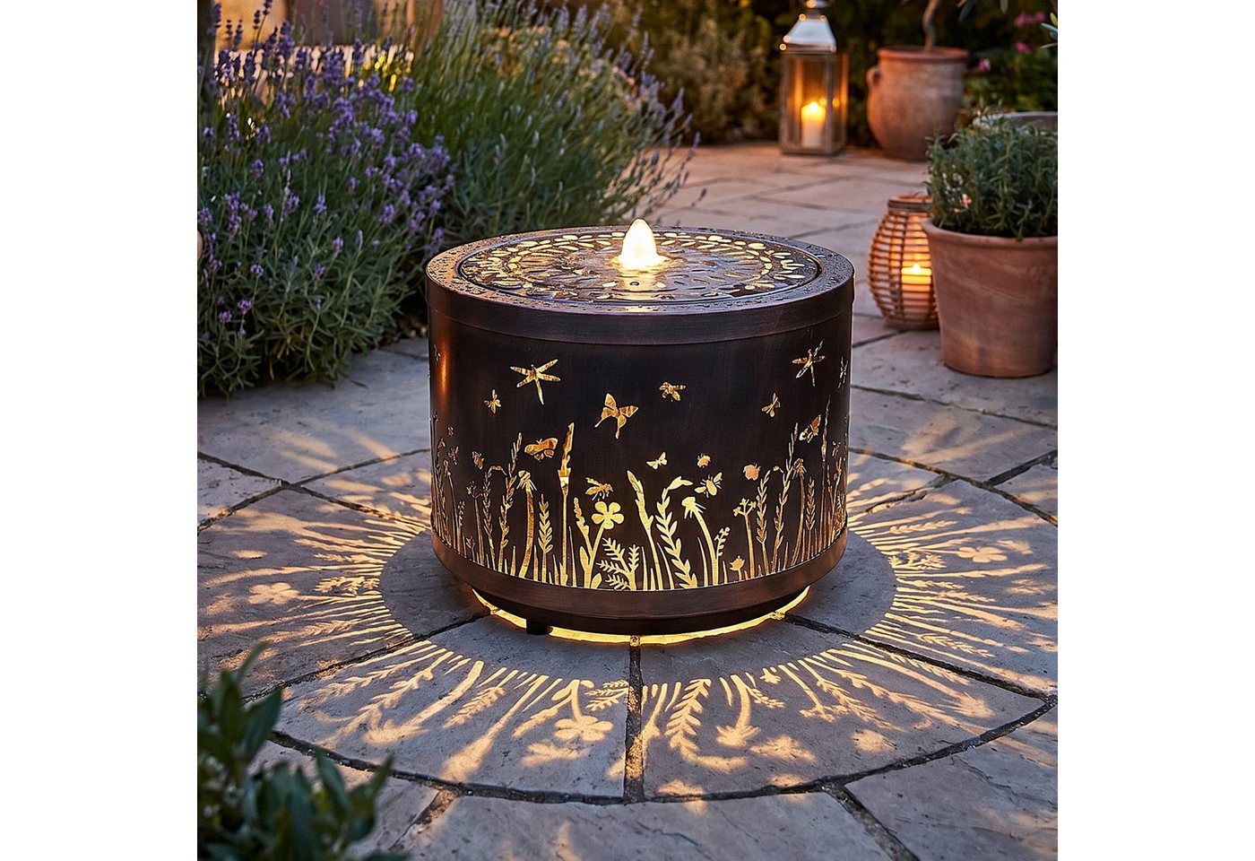 Arnusa Gartenbrunnen Metall Springbrunnen Lichtspiel rund Wasserspiel warmweiß, 45 cm Breite, Gartendekoration, tolles Lichtspiel