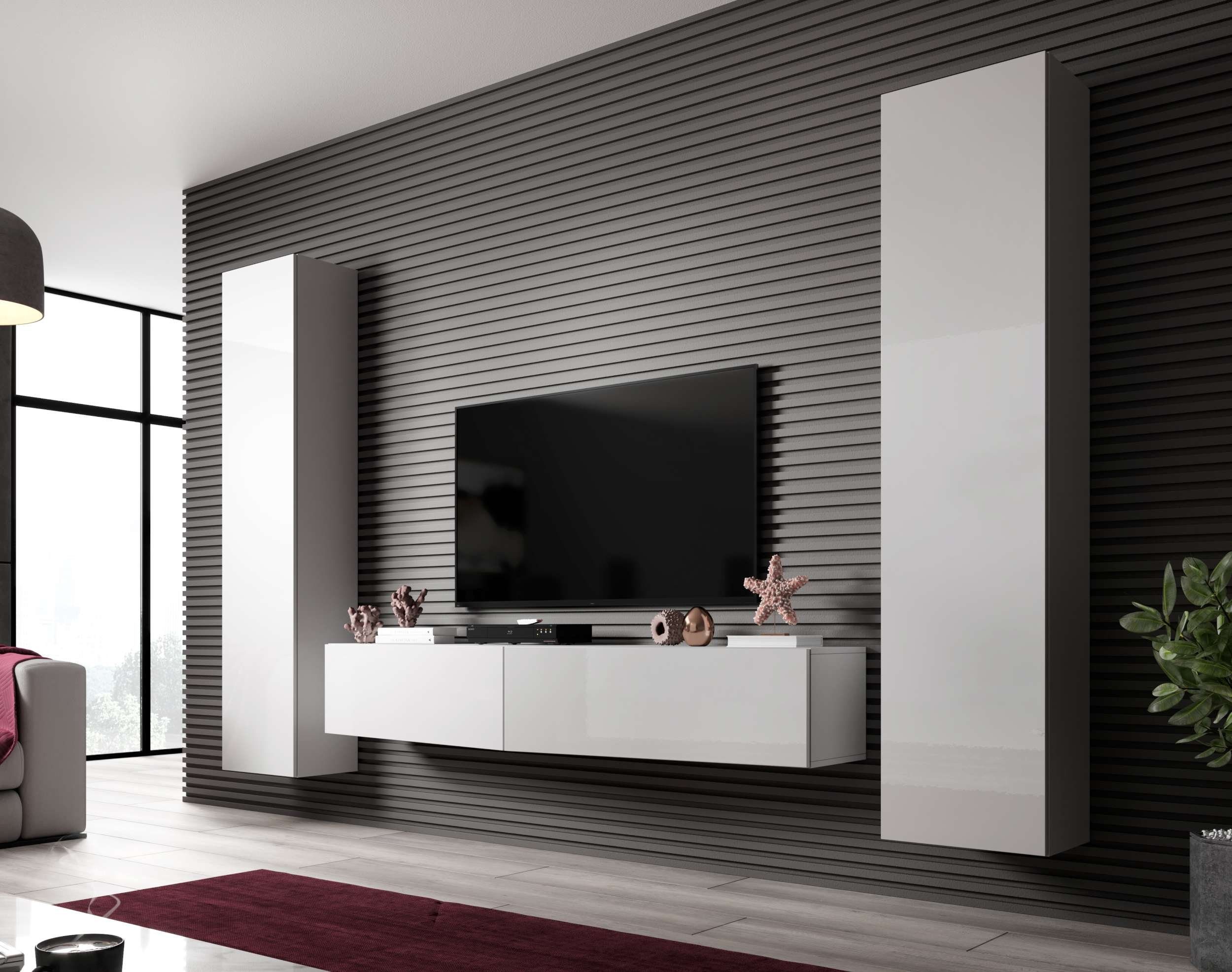 Push-to-Open, Modern Wohnzimmer-Set), variabel aus Wohnmöbel, (4-St), Stylefy 2xHängeschrank, Vago - hängbar SLATE Weiß Wohnwand Weiß Hochglanz (Set Matt und 2xHängevitrine II, bestehend mit Design,