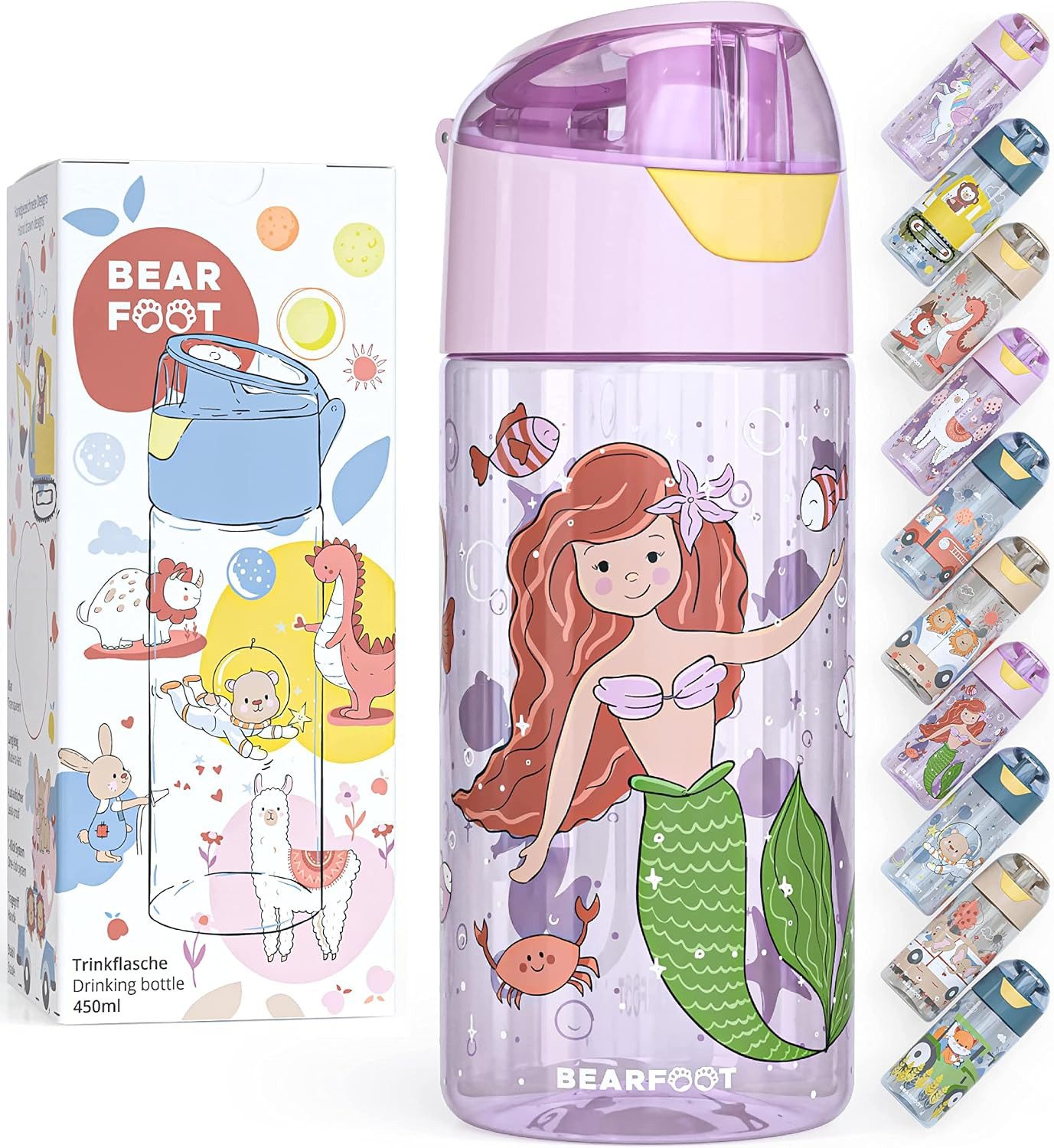 BEARFOOT Trinkflasche Kinder-Trinkflasche 450 ml, Auslaufsicher, BPA-frei, 1-Klick-System, 180°-Deckel, Tragegriff