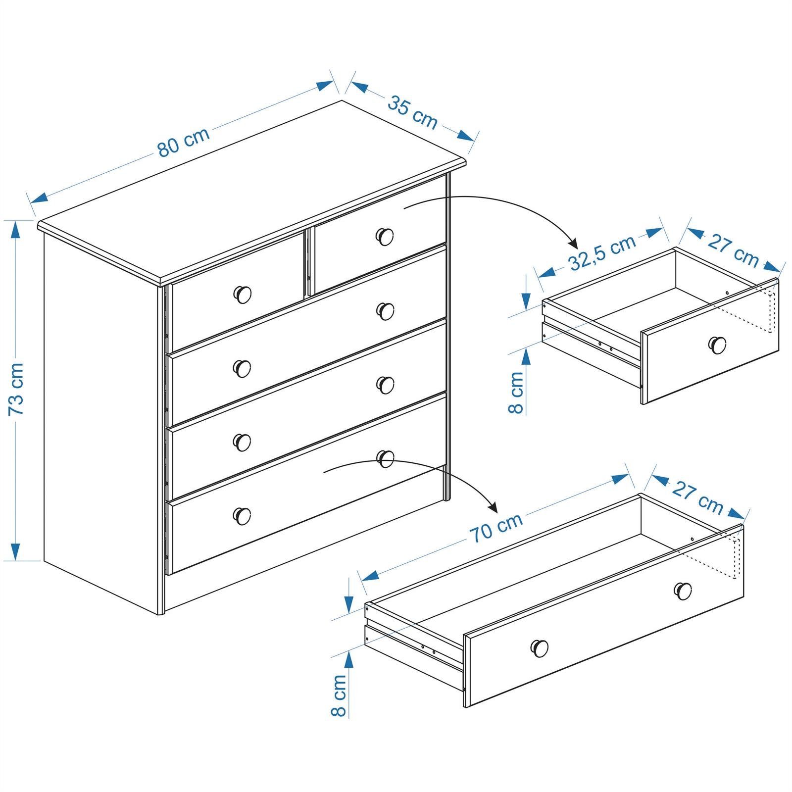 IDIMEX Kommode RONDO, Kommode Anrichte Sideboard mit 5 Schubladen Kiefer massiv lackiert in