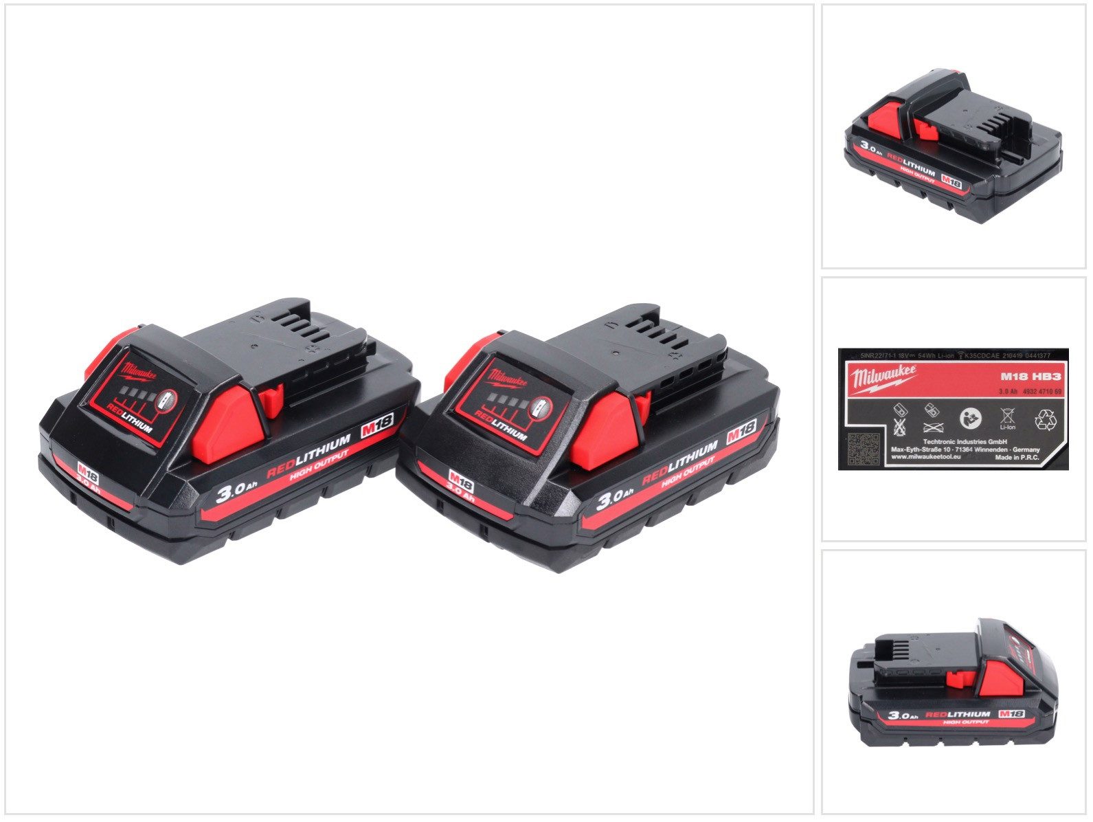 Milwaukee M18 HB3 High Output 2x 18 V 3,0 Ah / 3000 mAh Li-Ion Akku (2x 493247 Akkupacks