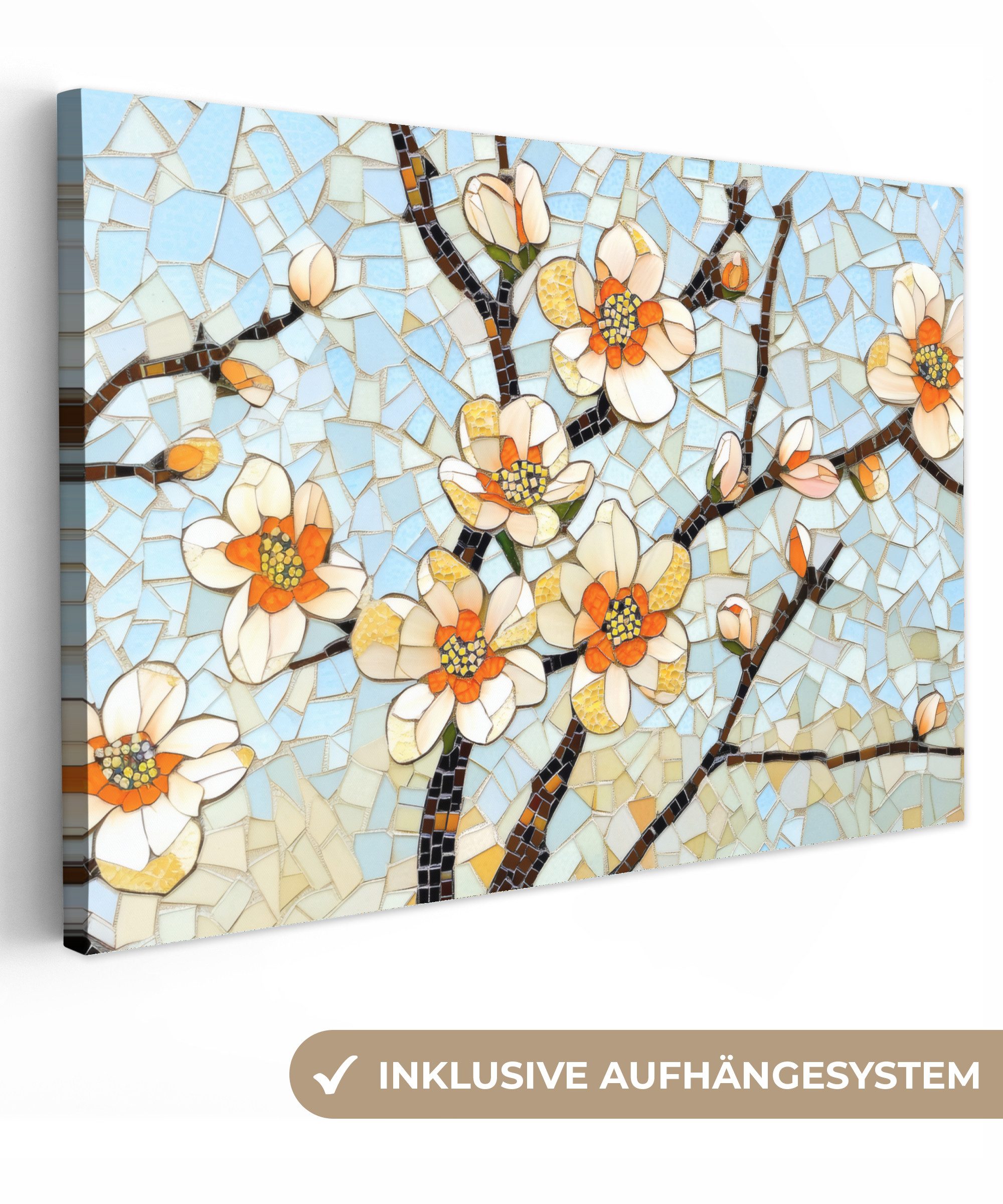 Leinwandbild Blüten - Weiß - Mosaik - Zweig