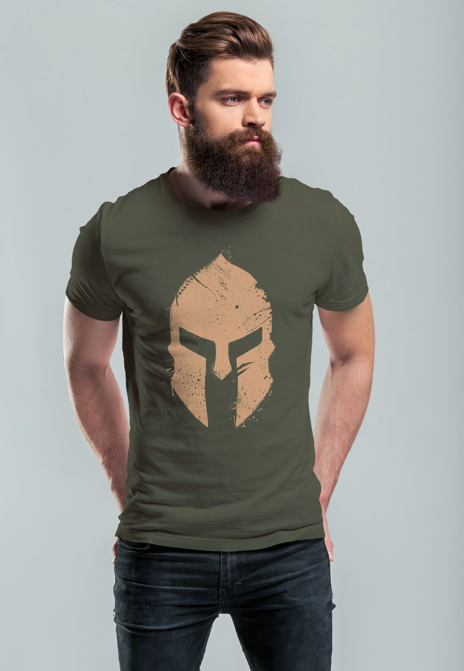 Neverless Print-Shirt Herren T-Shirt Print Sparta-Helm army Print mit Sp Aufdruck Gladiator Warrior Krieger