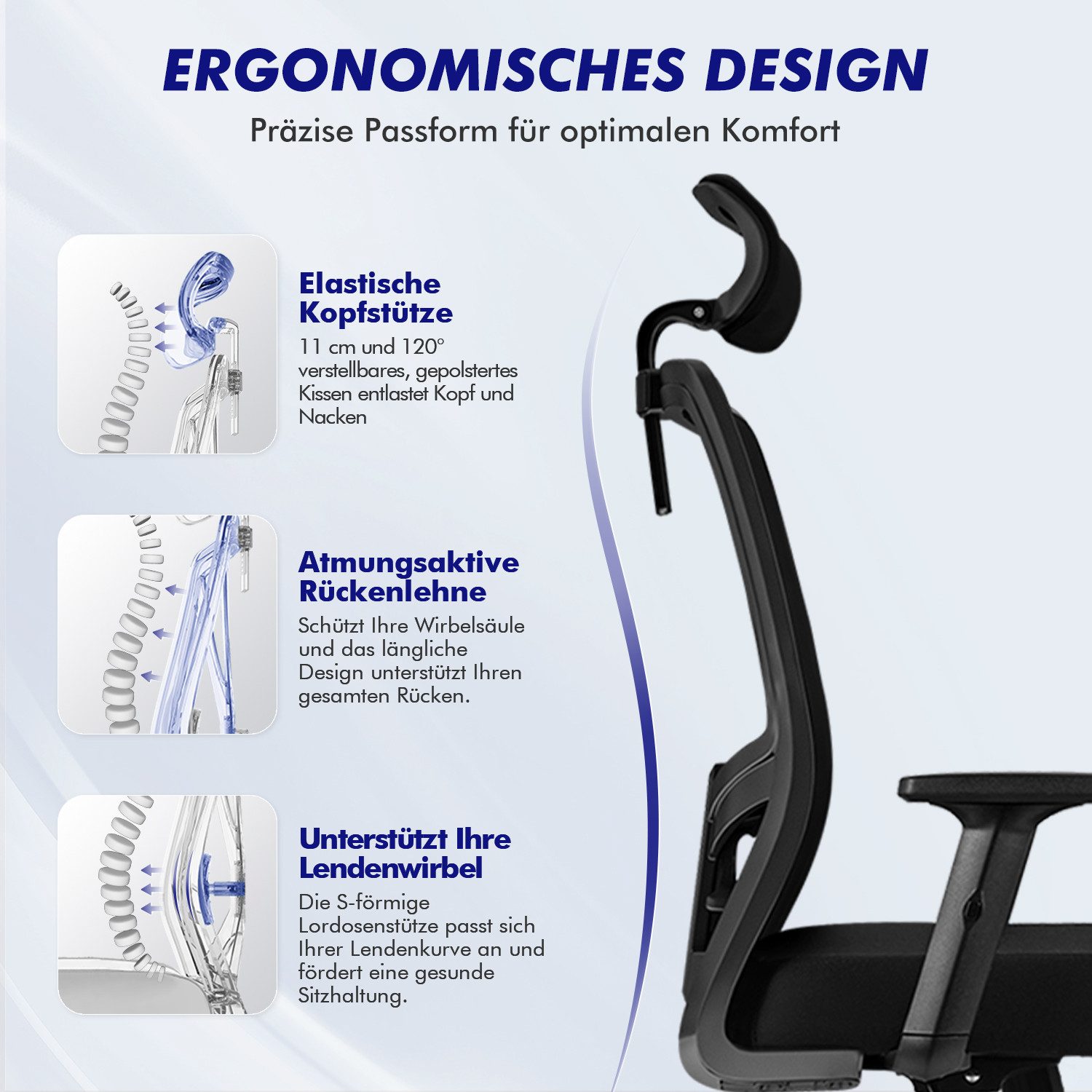 Adormii Bürostuhl bürostuhl ergonomisch, schreibtischstuhl mit verstellbarer Lendenstütze (Ergonomischer bürostuhl mit verstellbaren Armlehnen, büro stuhl bis zu 135° neigbar, ergonomic office chair mit höhenverstellbarer, atmungsaktiv und komfortabel, bürostuhl 200 kg)