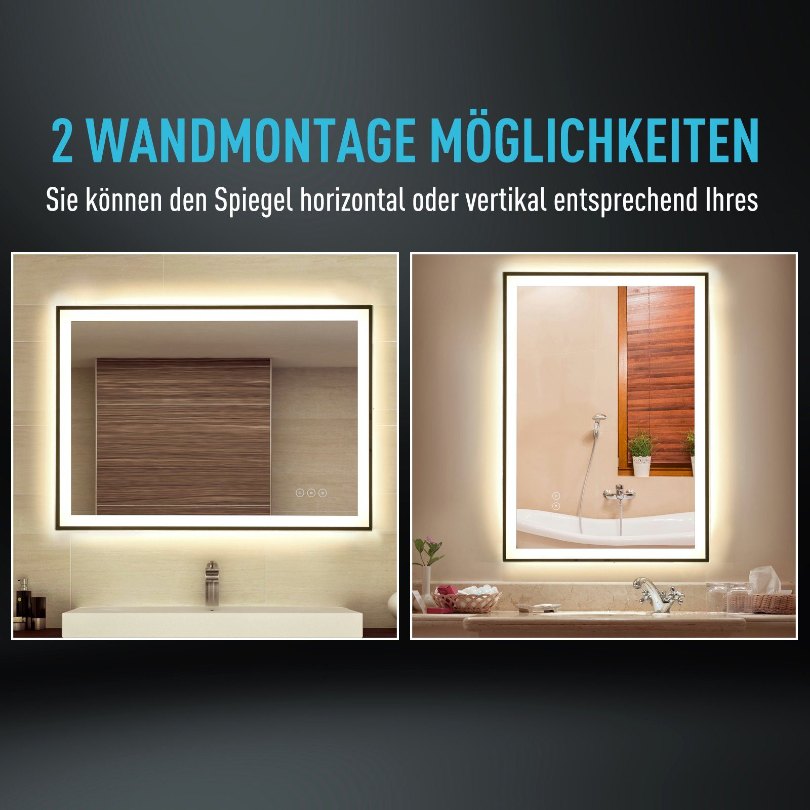 Kleankin Badspiegel mit Antibeschlagsfunktion, Wandspiegel 1 Nebelfreier (Set, Farben Touch-Schalter 1-St., Badspiegel), 3 x LED-Spiegel