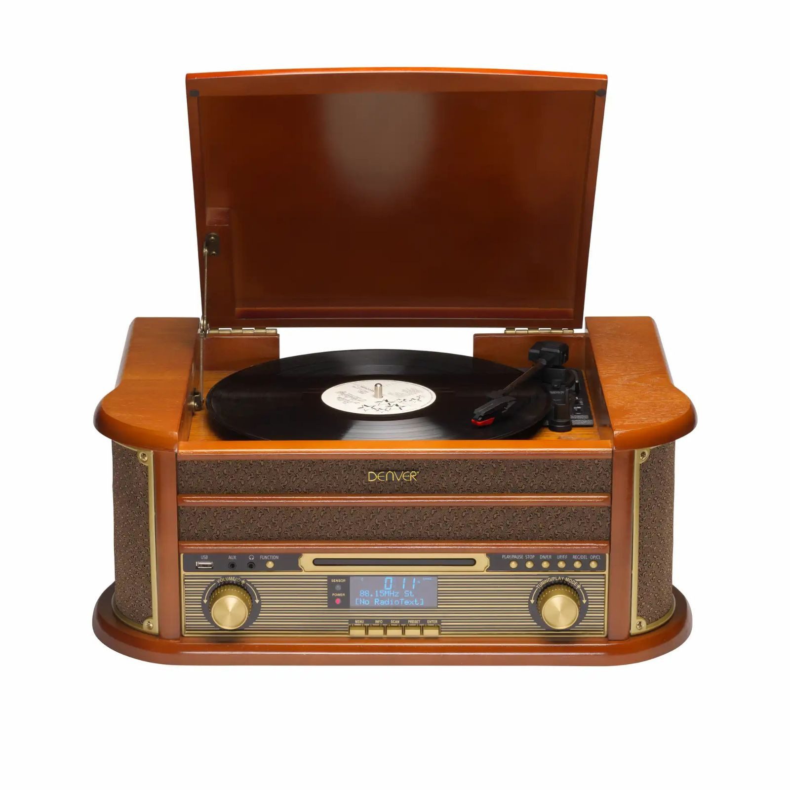 Denver Retro Musikcenter, Plattenspieler, DAB+ Radio, CD & Kassette Multifunktionsspieler (Riemenantrieb, kein, All-in-One Audio-System - USB-Aufnahmefunktion zur LP-Digitalisierung)
