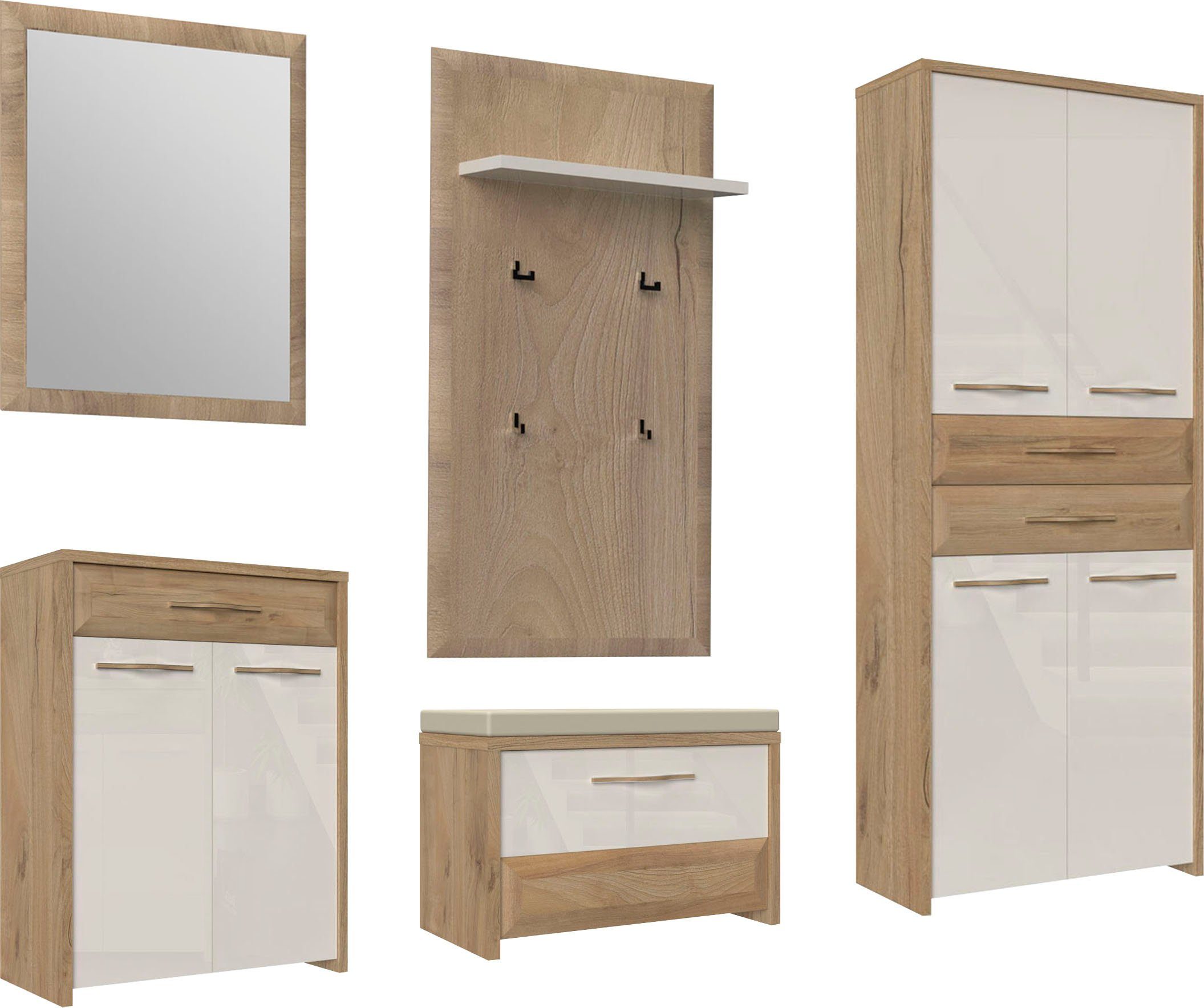 OTTO home Garderoben-Set Gala, (Set, 5-St., Garderobenschrank,Schuhschrank,Schuhbank,Garderobenpaneel,Wandspiegel), Soft-Close Funktion, Hochglanz UV lackiert