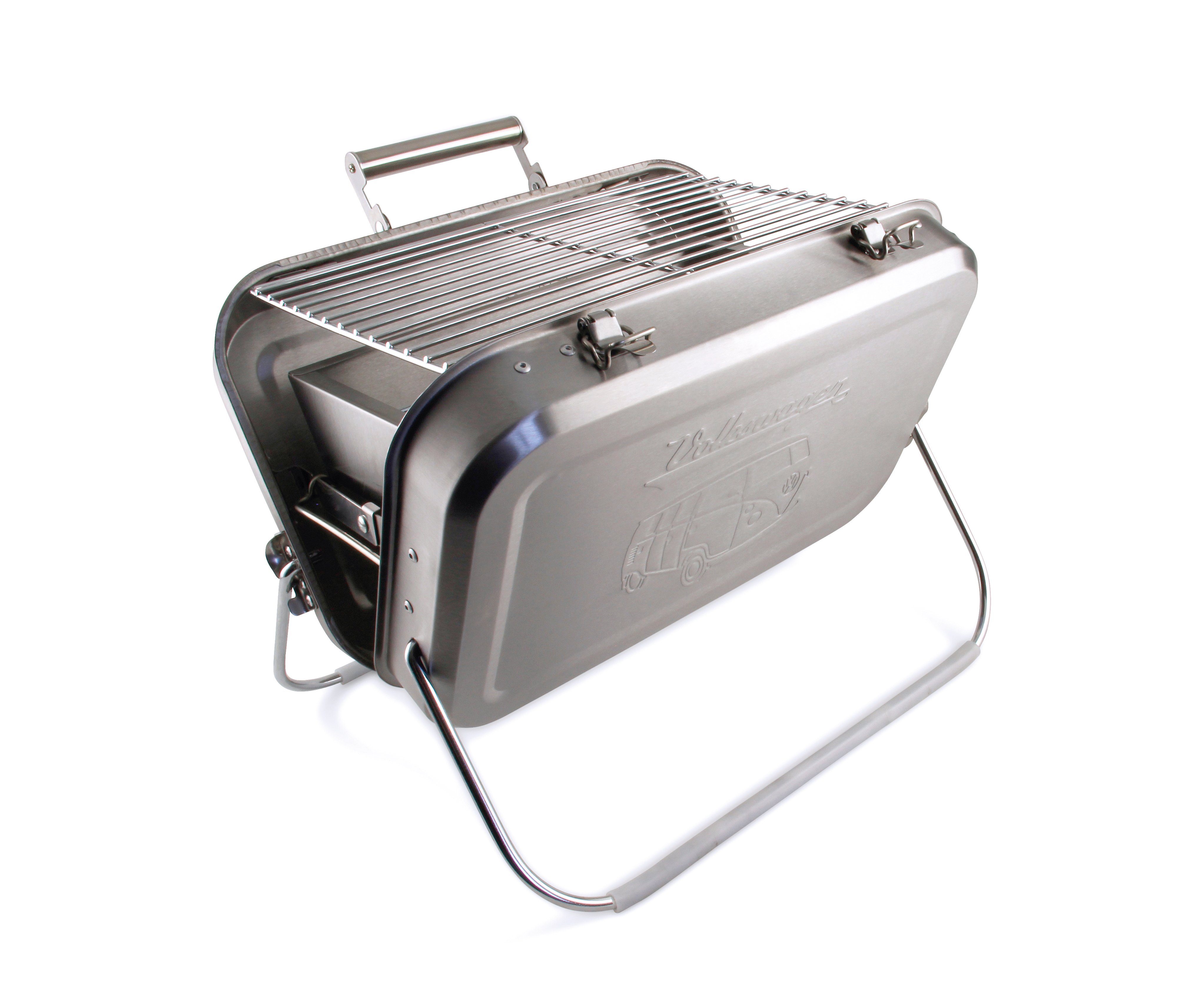 VW Collection by BRISA Holzkohlegrill Portabler Minigrill mit VW T1 Bulli Motiv, platzsparender Koffergrill, 40x28x10cm