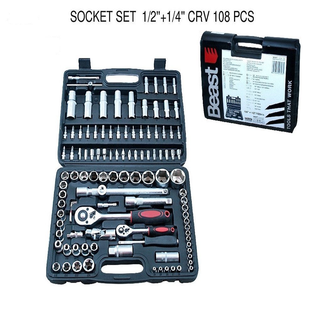 Bohrersatz Allround Steckschlüsselsatz 108-teilig Set 1/2+1/4\" CRV 108