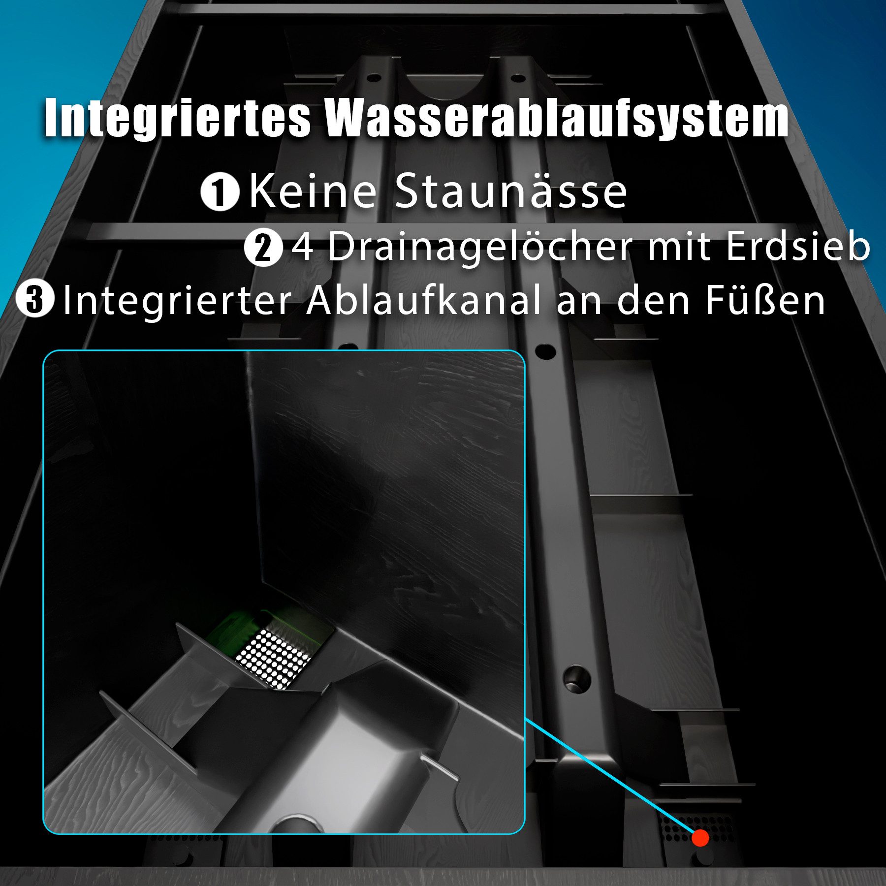BigDean Hochbeet XXL Balkon mit Abdeckung aus robustem Kunststoff abnehmbare Beine (Stück, 1 St., Hochbeet), Integriertes Wasserablaufsystem mit Filter gegen St – Bild 4 von 5
