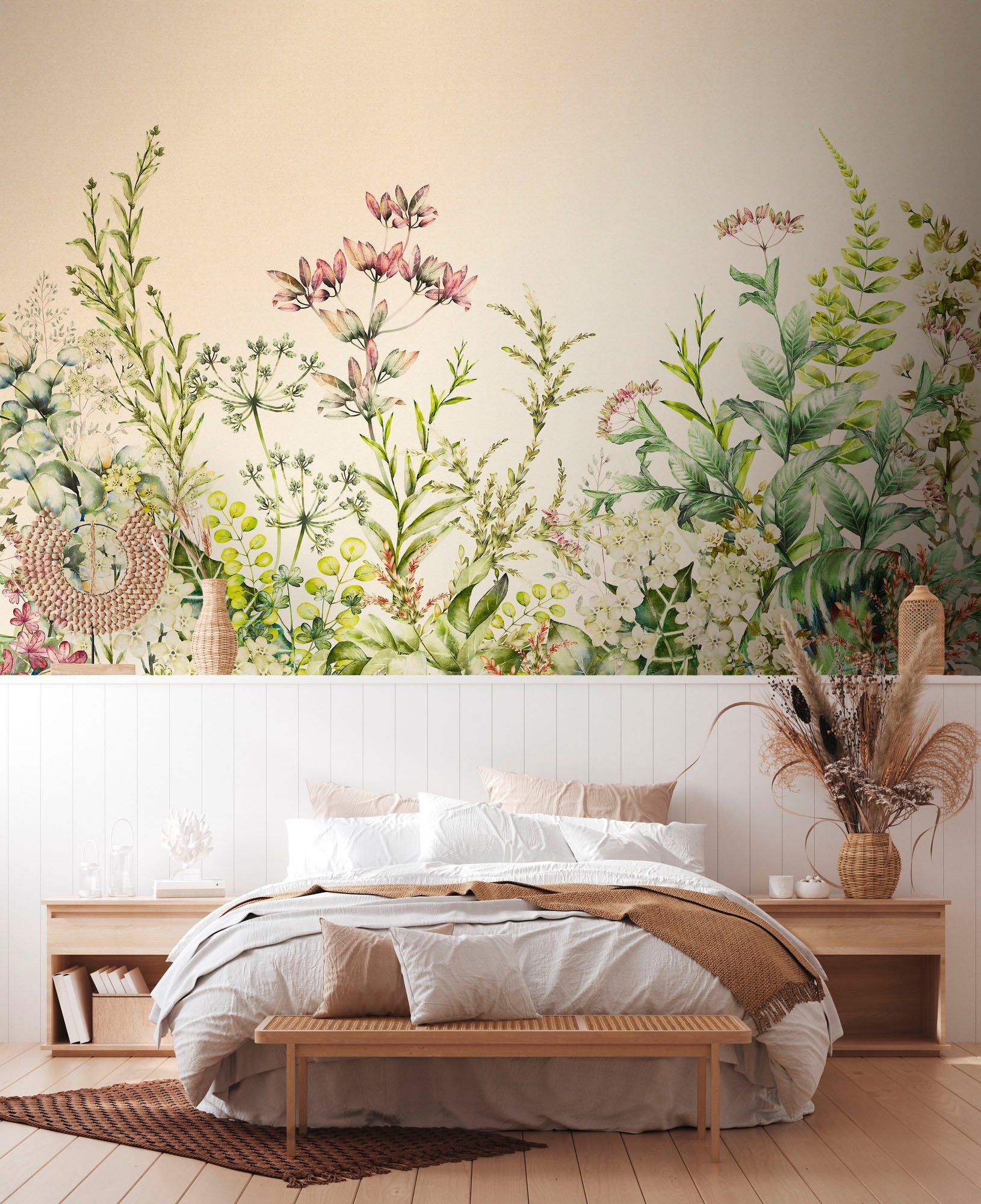 living walls Fototapete The Wall, glatt, natürlich, naturalistisch, botanisch, Fototapete Blume Tapete Dschungel Tapeten Wohnzimmer Flur Design Optik