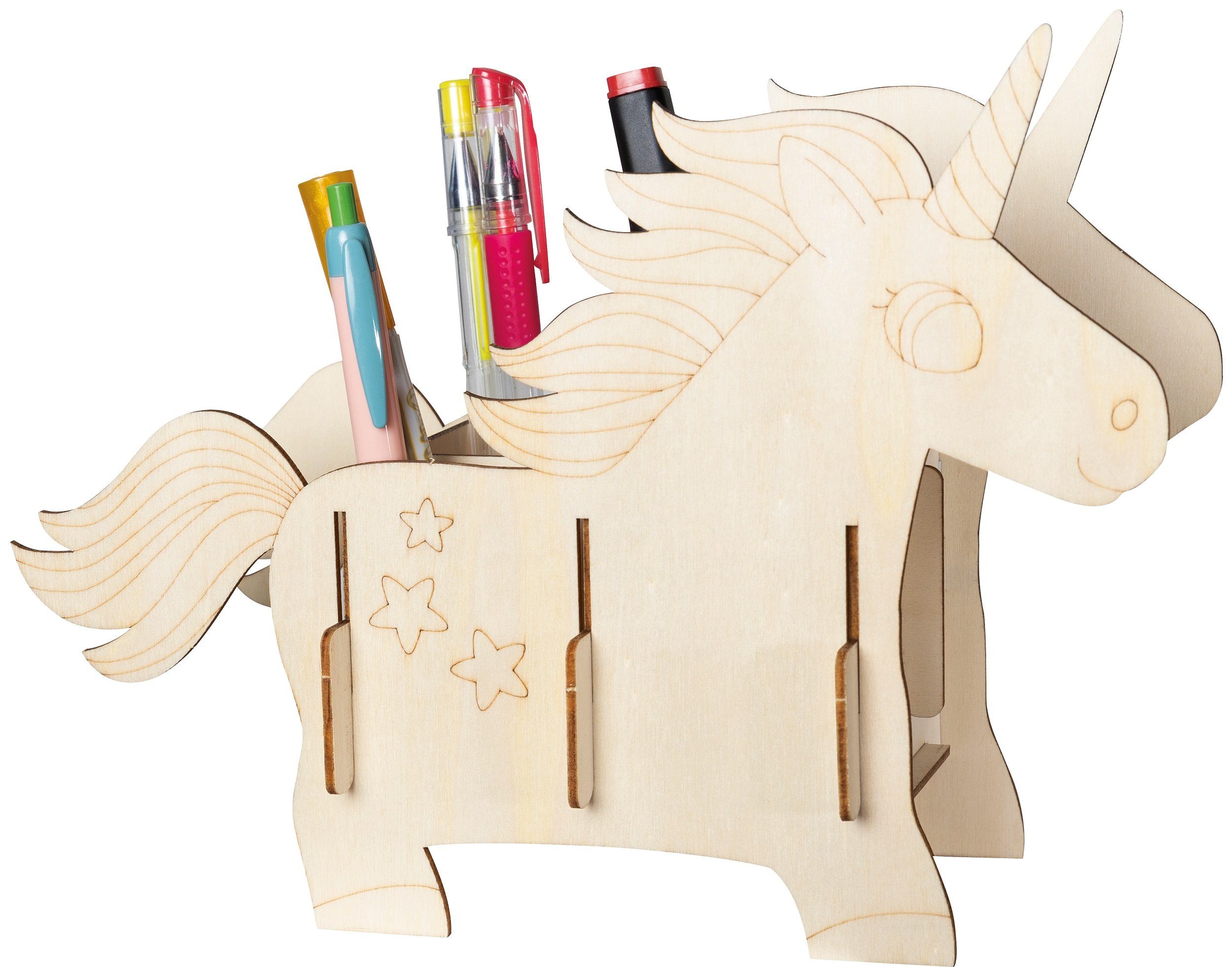 Pebaro 3D-Puzzle Holzbausatz Laser cut Stiftehalter Einhorn, 477/1, 7 Puzzleteile