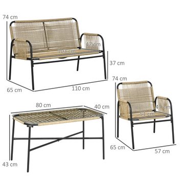 Outsunny Sitzgruppe mit 1 Zwisitzer, 2 Sesseln, 1 Couchtisch mit Tischplatte aus Glas, (Sitzgarnitur, 4-tlg., Gartengarnitur), mit Sitzkissen, für Garten, Terrasse, Gelb
