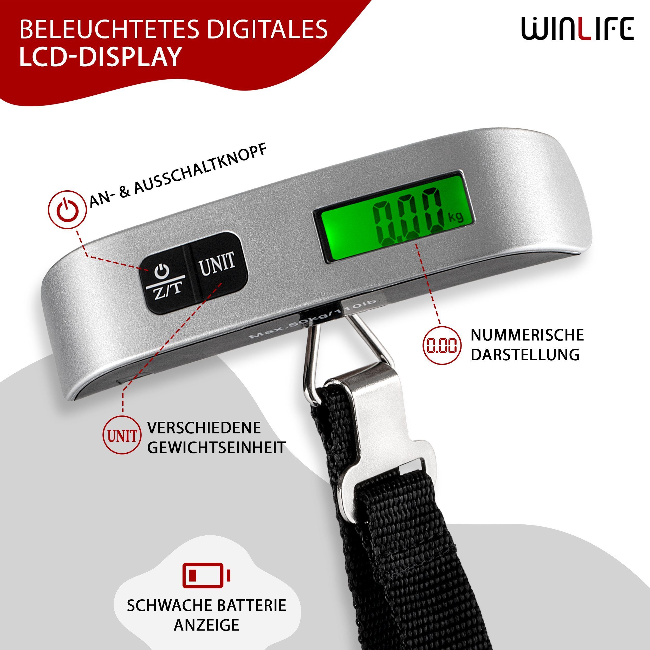 WINLIFE Kofferwaage Digitalwaage Gepäckwaage + Temperatursensor Hängewaage Handwaage, Tragkraft 50 kg, (1-tlg), Digital Tragbarewaage Waage-Gepäck mit Überlastungsanzeige