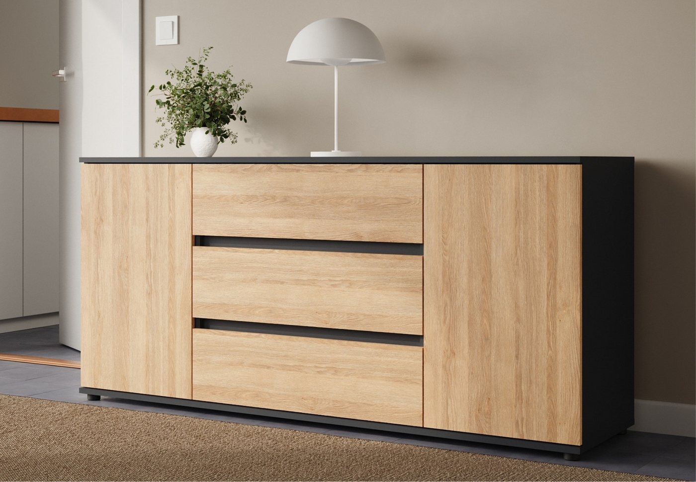 Home Collective Kommode Sideboard Kommode mit Schubladen Sideboard Wohnzimmer Anrichte (Sideboard Wohnzimmer Flur Kommode, modernes, griffloses Design), mit 2 Türen und 3 Schubladen 150x40x70 cm Anthrazit mix Artisan-Eiche