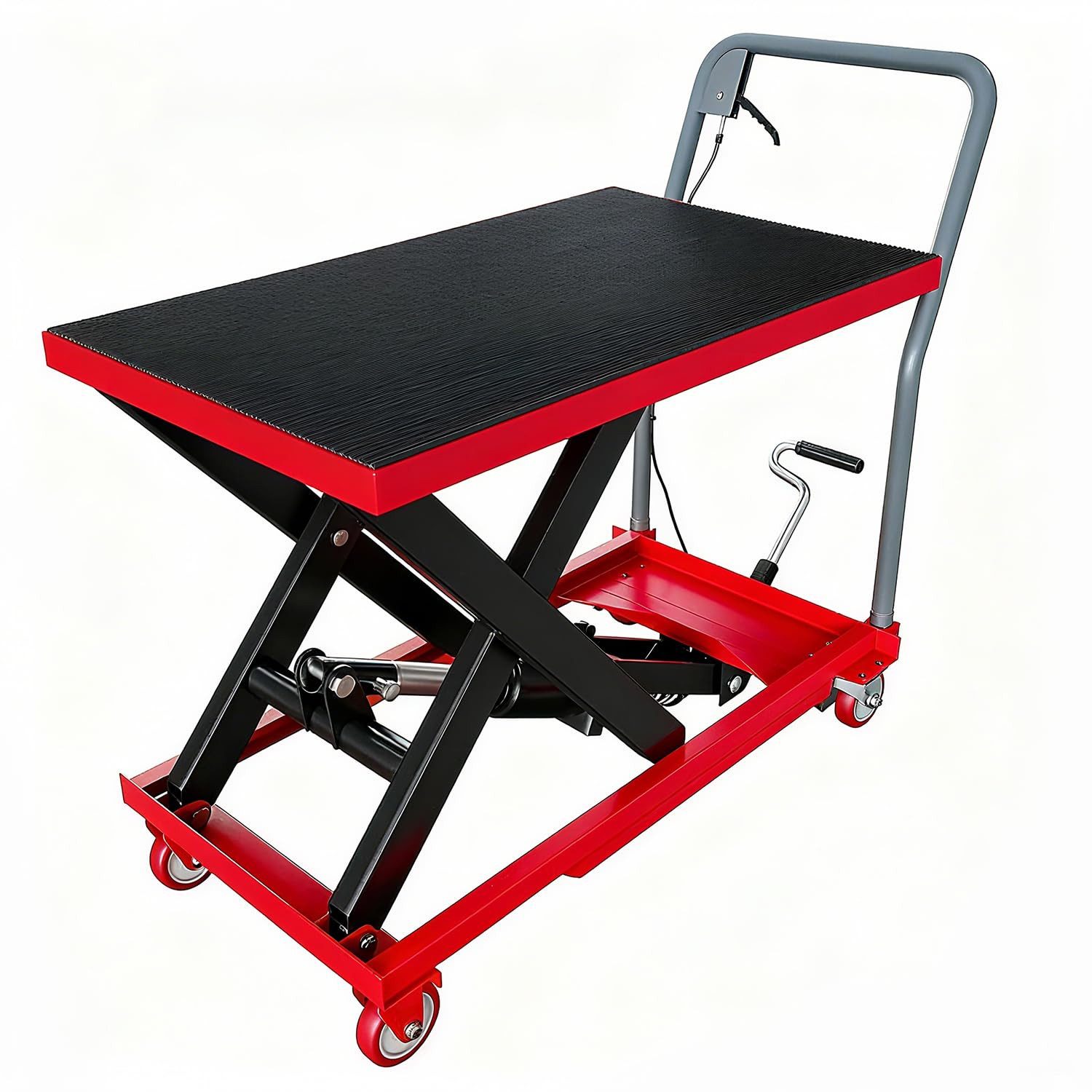 GarveeMore Scherenhubtischwagen Hydraulischer Hubwagen aus Stahl inkl. Arbeitshandschuhe, einfach scherbar, 230 kg Tragkraft, Hubhöhe 72 cm, rot+schwarz