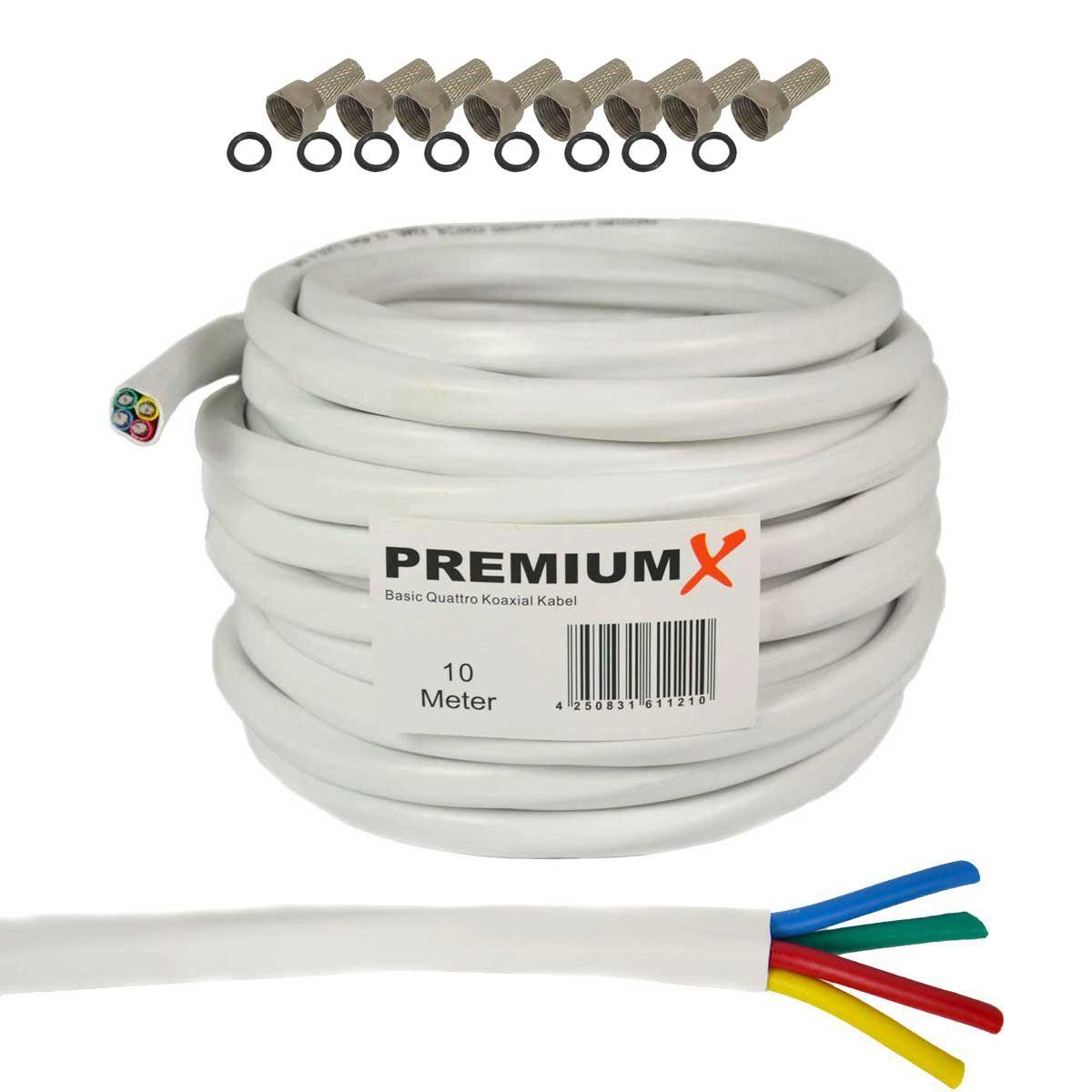 PremiumX 10m Basic Quattro Quad Koaxial SAT Kabel 90dB Weiß 8x F-Stecker SAT-Kabel