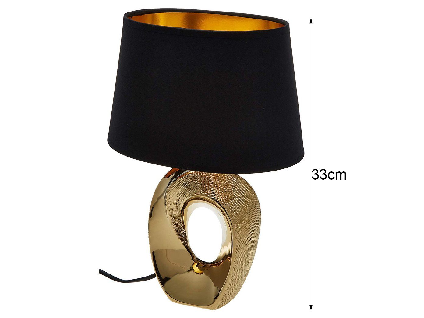 Reality Leuchten LED Tischleuchte, LED wechselbar, Warmweiß, ausgefallen-e Design-er Lampe mit Stoff Lampenschirm Schwarz Gold 33cm