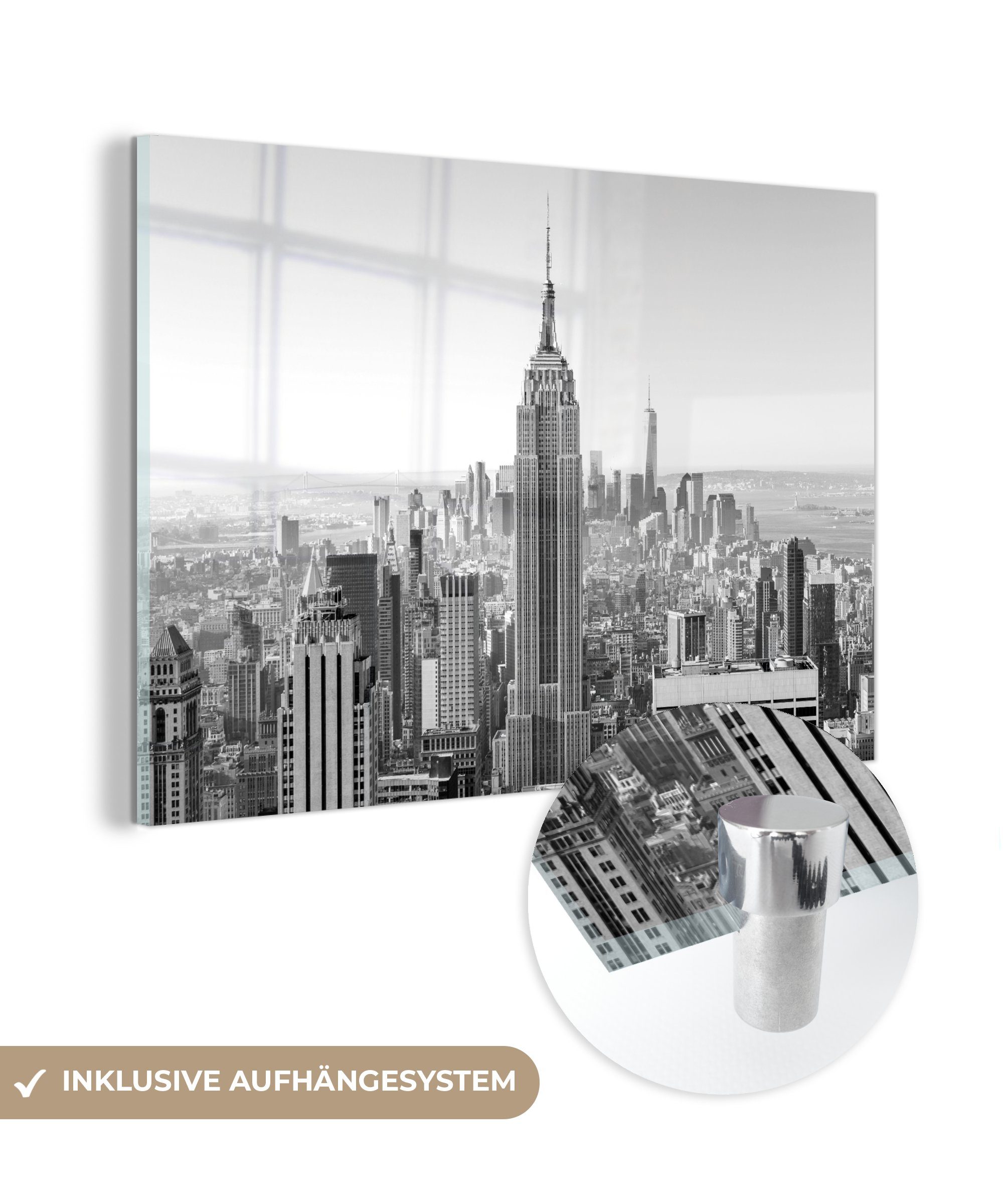 MuchoWow Acrylglasbild New Yorker Skyline mit dem Empire State Building - schwarz und weiß, (1 St), Acrylglasbilder Wohnzimmer & Schlafzimmer