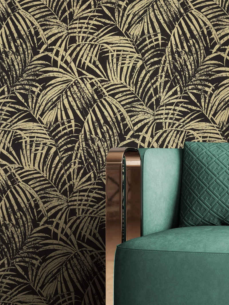 Newroom Vliestapete, Schwarz Tapete Tropisch Dschungel - Dschungeltapete Palmentapete Gold Floral Modern Blätter Palmenblätter für Wohnzimmer Schlafzimmer Küche