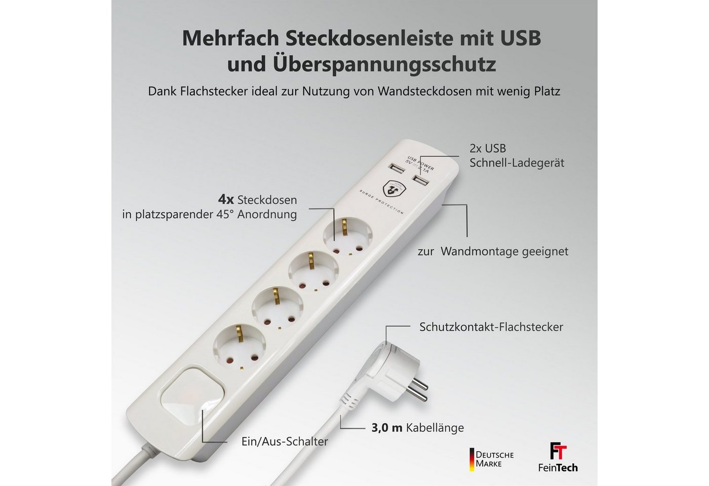 Thumbnail - FeinTech Mehrfachsteckdose 4-fach (Ein- / Ausschalter, USB-Anschlüsse, Schalterbeleuchtung, Überspannungschutz, Kabellän...