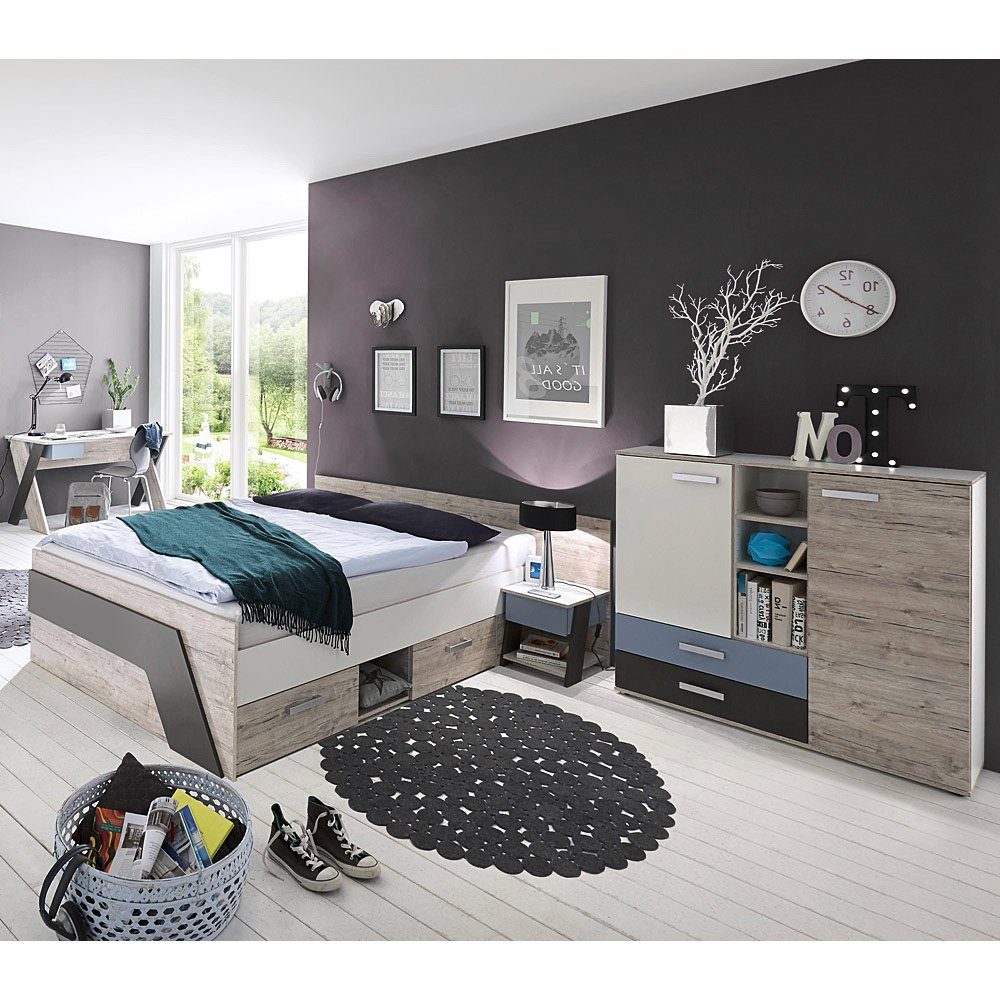 Lomadox Jugendzimmer-Set »LEEDS-10«, (Sparset, 4-tlg), Jugendzimmer mit  Bett 140x200 cm und Schreibtisch 4-teilig in Sandeiche Nb. mit weiß, Lava  und Denim Blau